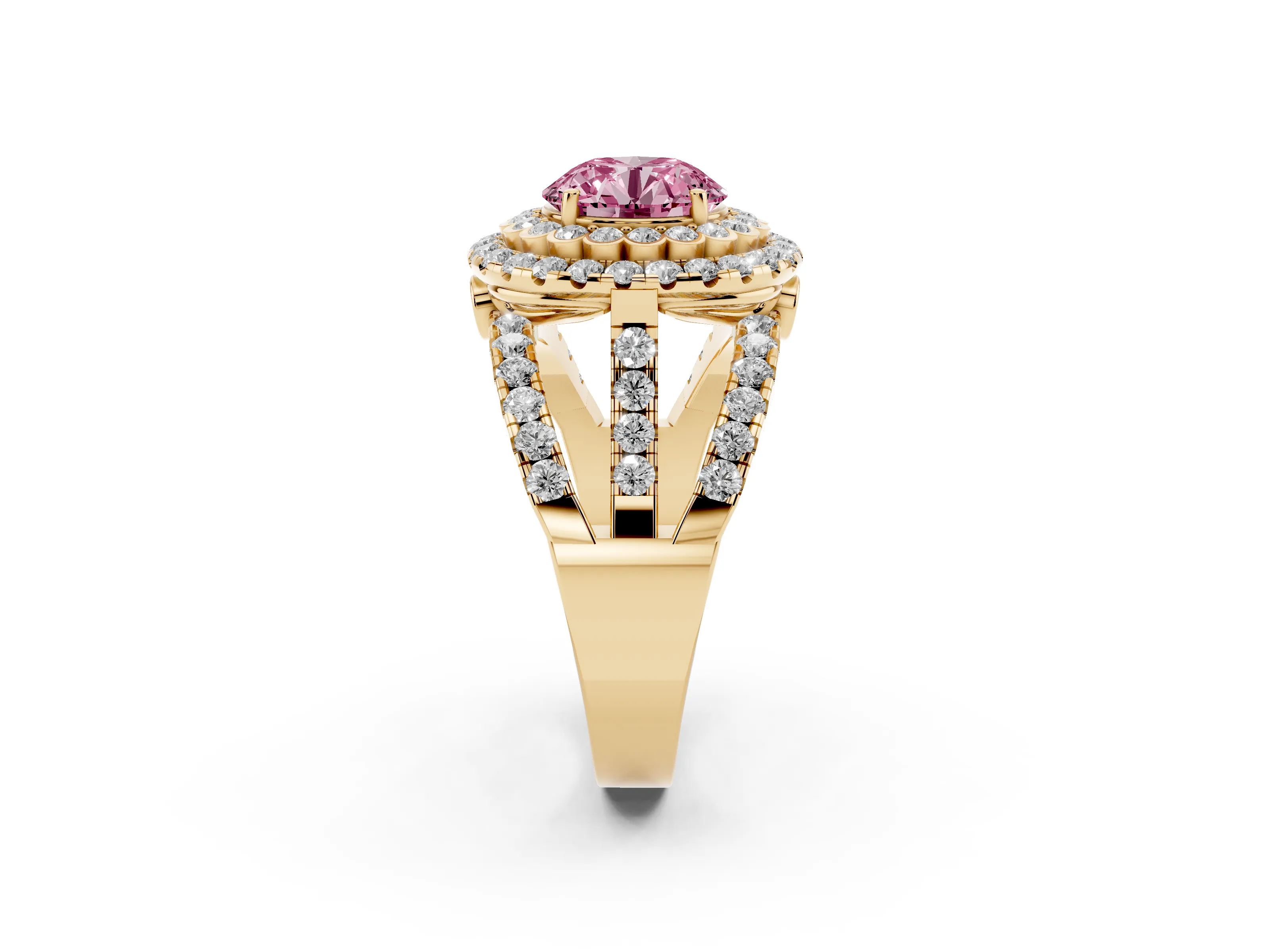 Fancy Pink Round Cut Diamond Double Halo Ring Set in Yellow gold with Round Pavé Split Shank