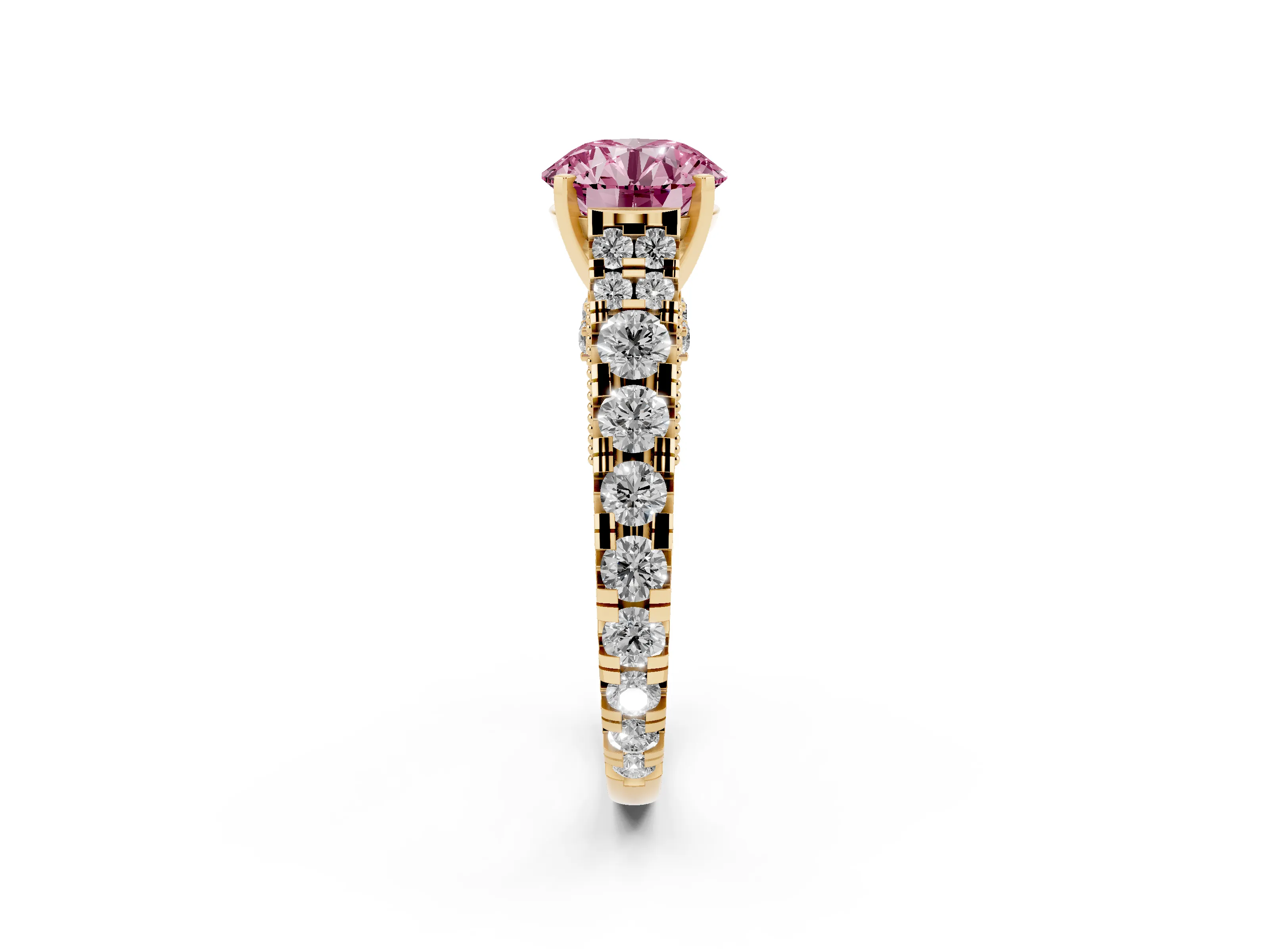 Fancy Pink Round Cut Diamond Classic Solitaire Ring Set in Yellow gold with Pavé Band and Prong Setting