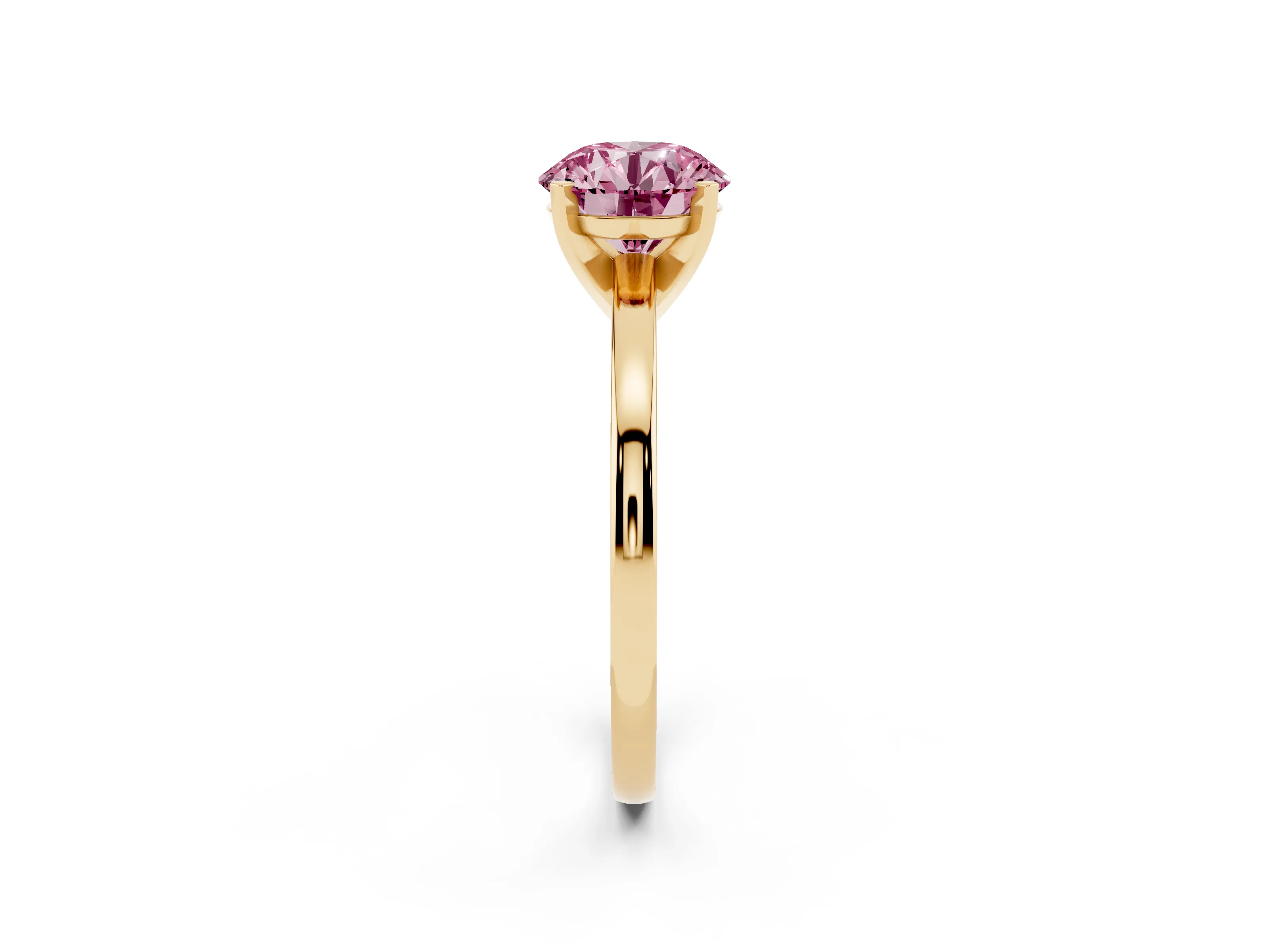 Fancy Pink Round Cut Diamond Solitaire Engagement Ring Set in Yellow gold with Prong Setting on a Classic Band