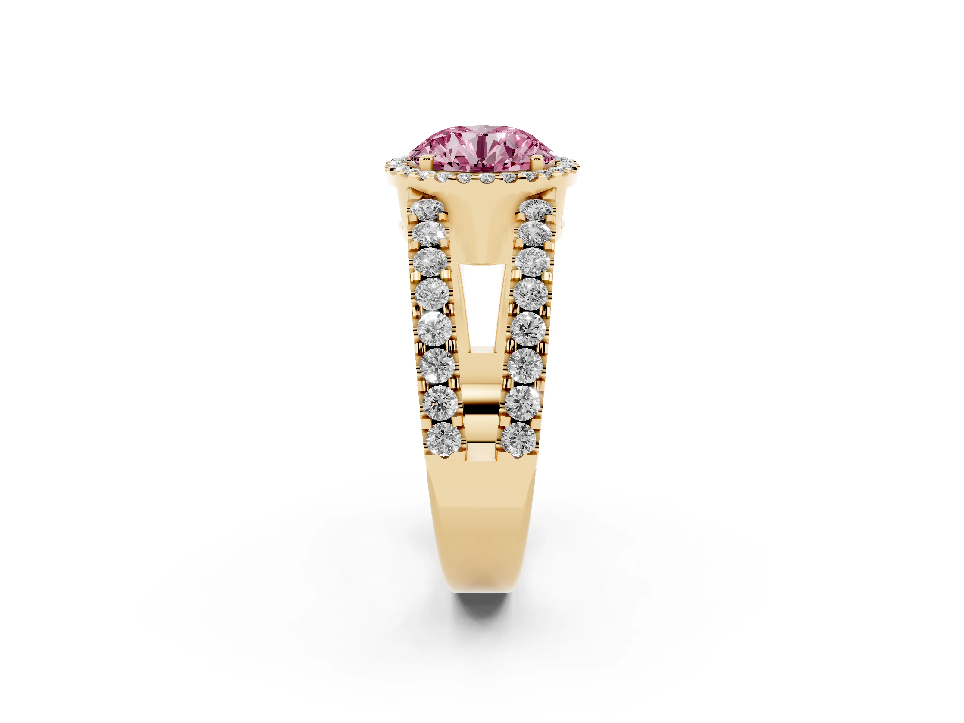 Fancy Pink Round Cut Diamond Halo Ring Set in Yellow gold with Pavé Split Shank and Prong Setting