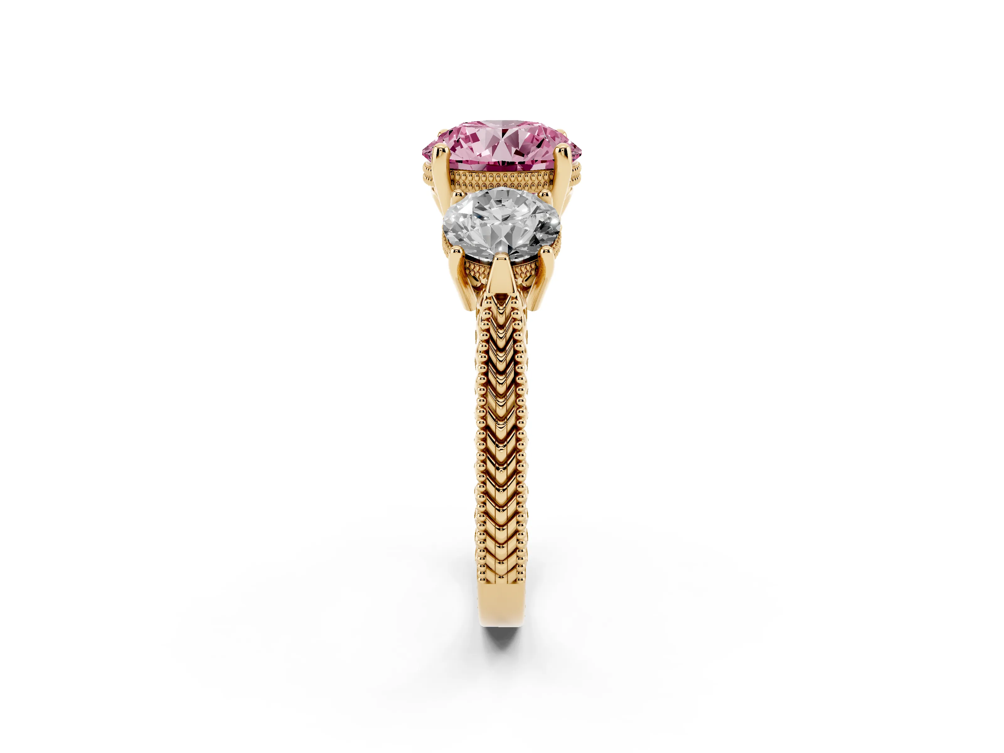 Fancy Pink Round Cut Diamond Three-Stone Ring Set in Yellow gold with Milgrain Band