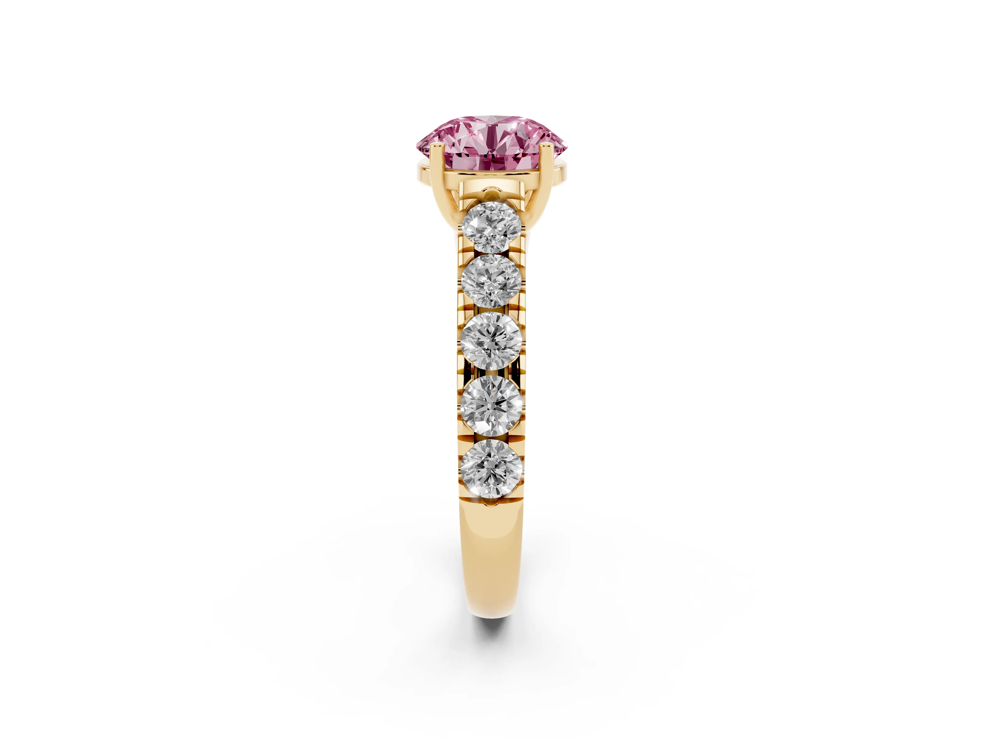 Fancy Pink Round Cut Diamond Solitaire Ring Set in Yellow gold with Cut-Down Micro Pavé Band and Prong Setting