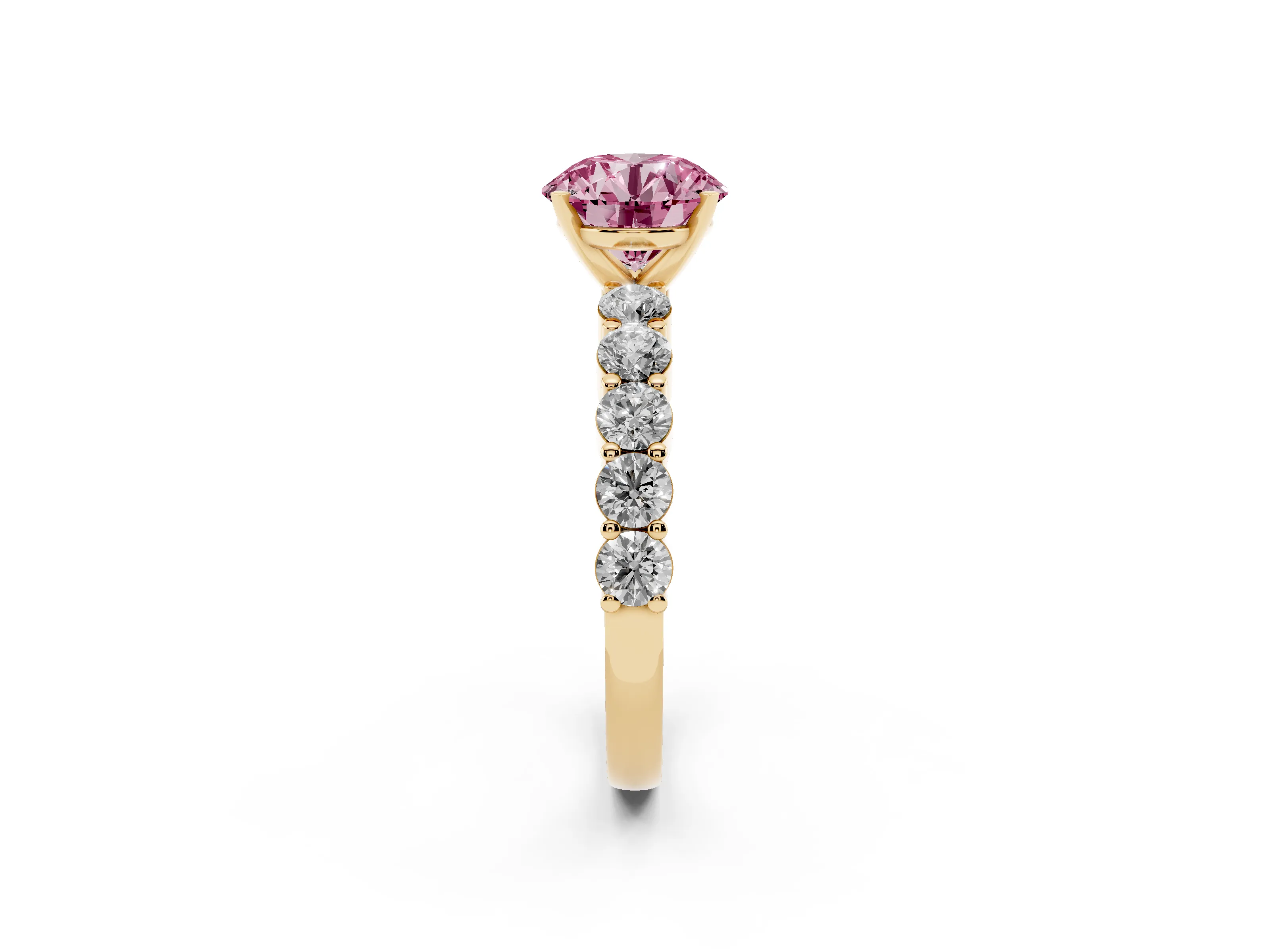 Fancy Pink Round Cut Diamond Solitaire Ring Set in Yellow gold with Shared Prong Round Side Stones