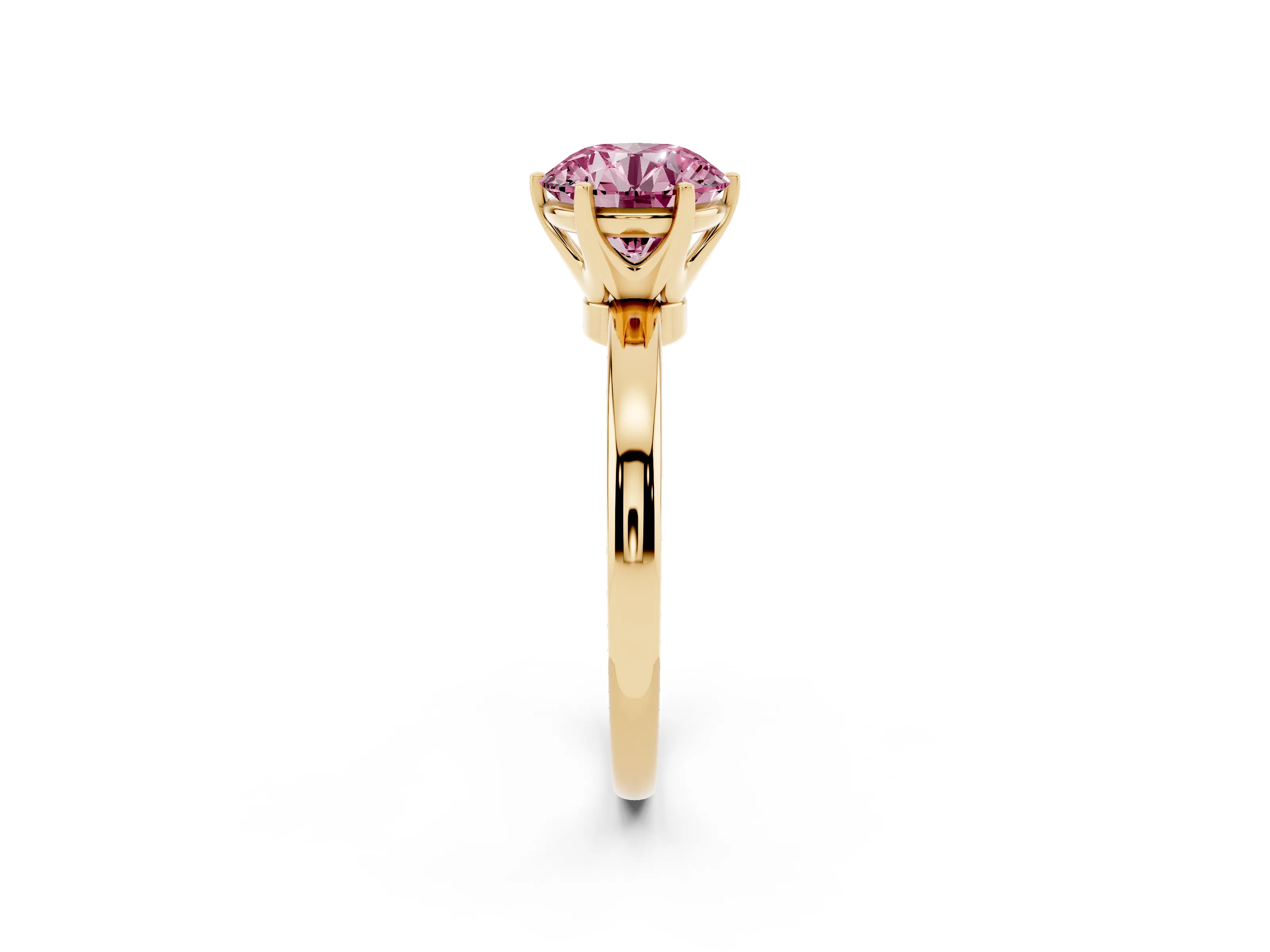 Fancy Pink Round Cut Diamond Solitaire Ring Set in Yellow gold with Raised Prong Setting on a Classic Band