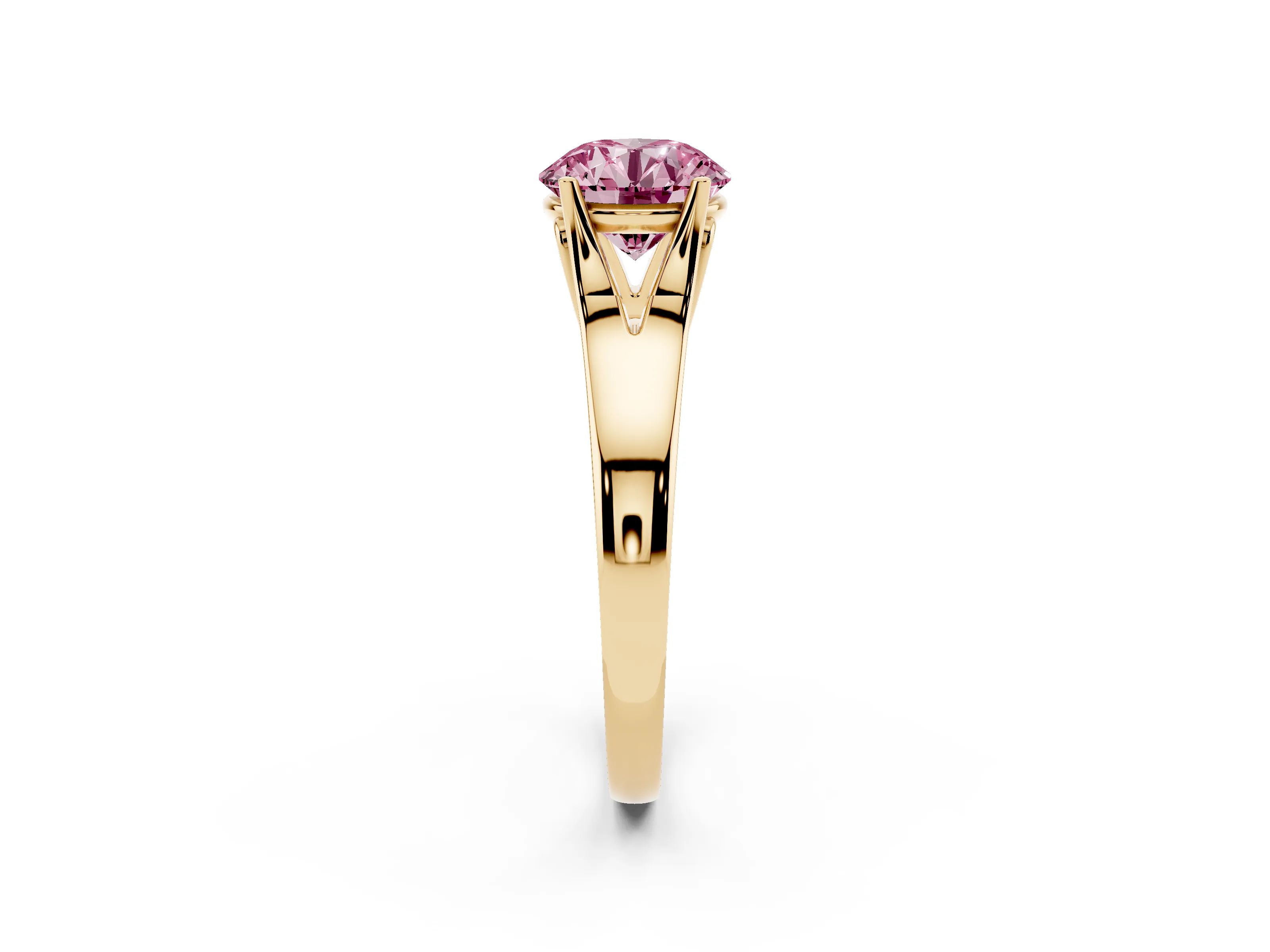 Fancy Pink Round Cut Diamond Solitaire Ring Set in Yellow gold with Arched Cathedral Band and Prong Setting