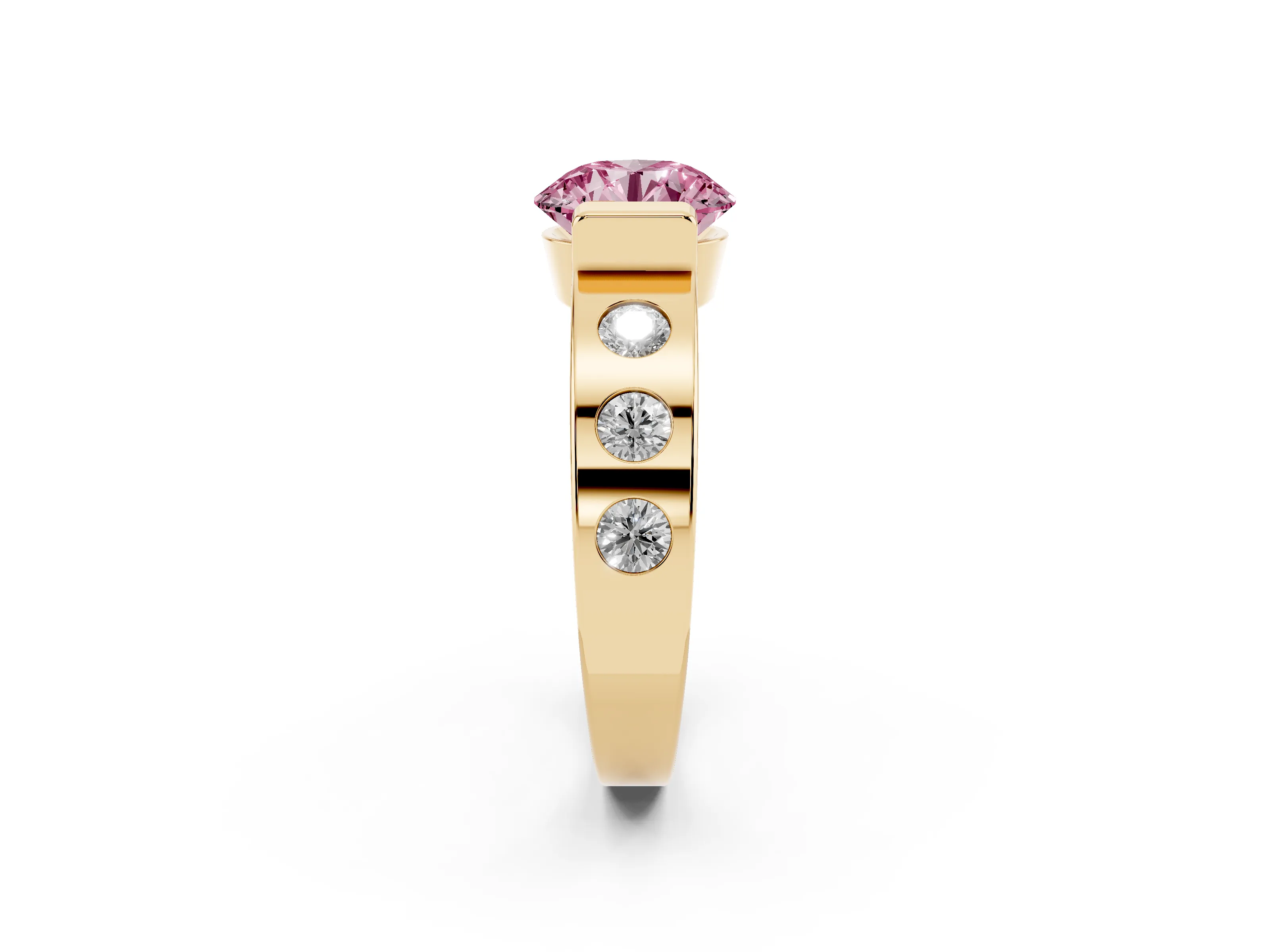 Fancy Pink Round Cut Diamond Channel-Set Band Ring Set in Yellow gold with Bezel Prong Setting