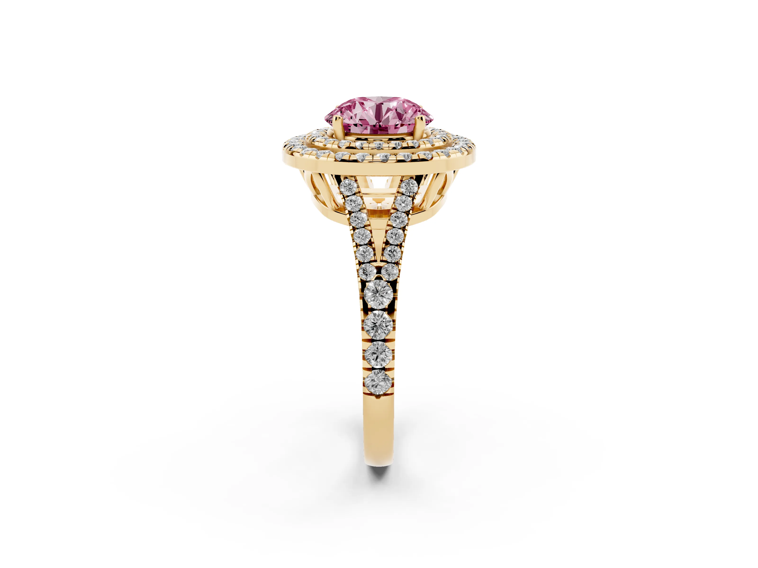 Fancy Pink Round Cut Diamond Double Halo Ring Set in Yellow gold with Pavé Band