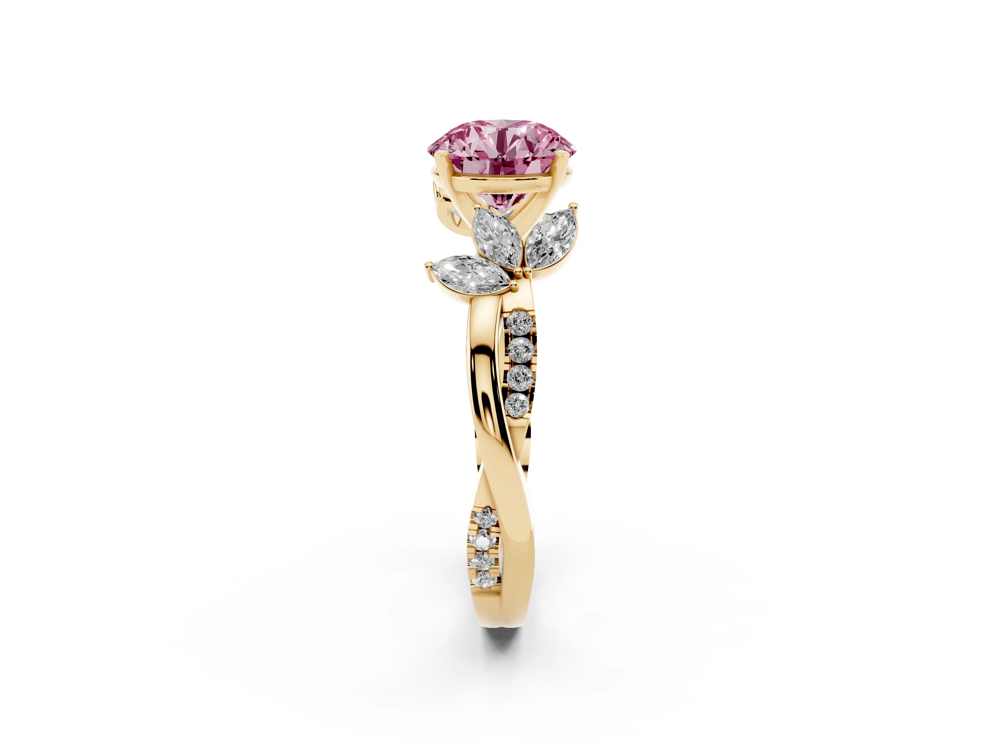 Fancy Pink Round Cut Diamond Floral Vine Solitaire Engagement Ring Set in Yellow gold with Marquise Leaves