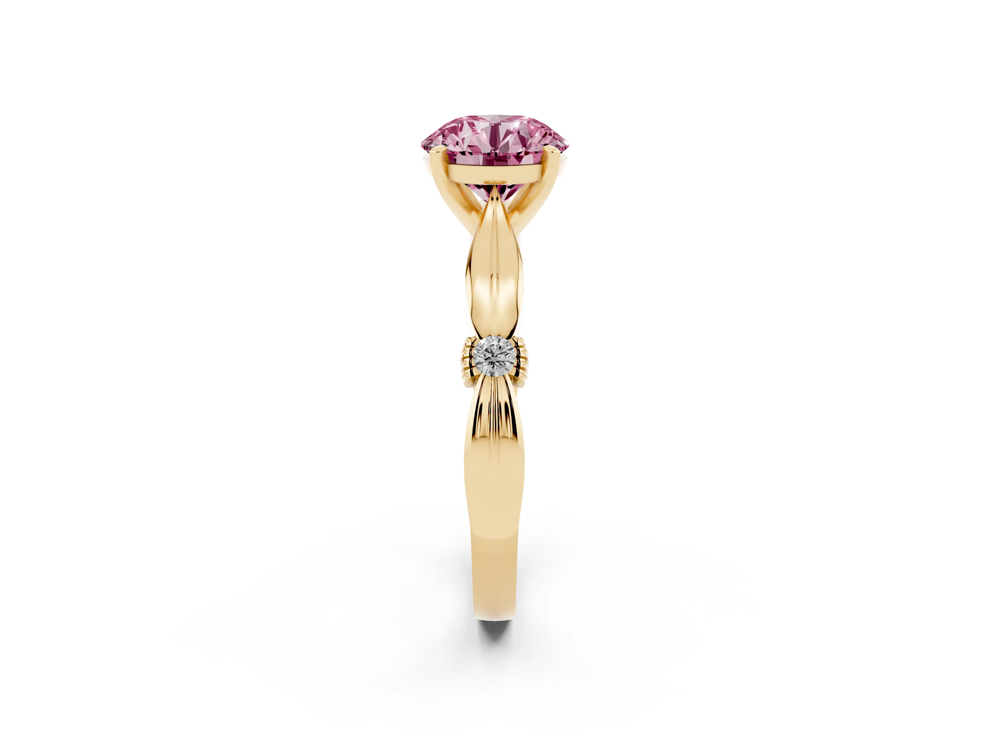 Fancy Pink Round Cut Diamond Solitaire Twisted Band Ring Set in Yellow gold with Accent Stones and Prong Setting