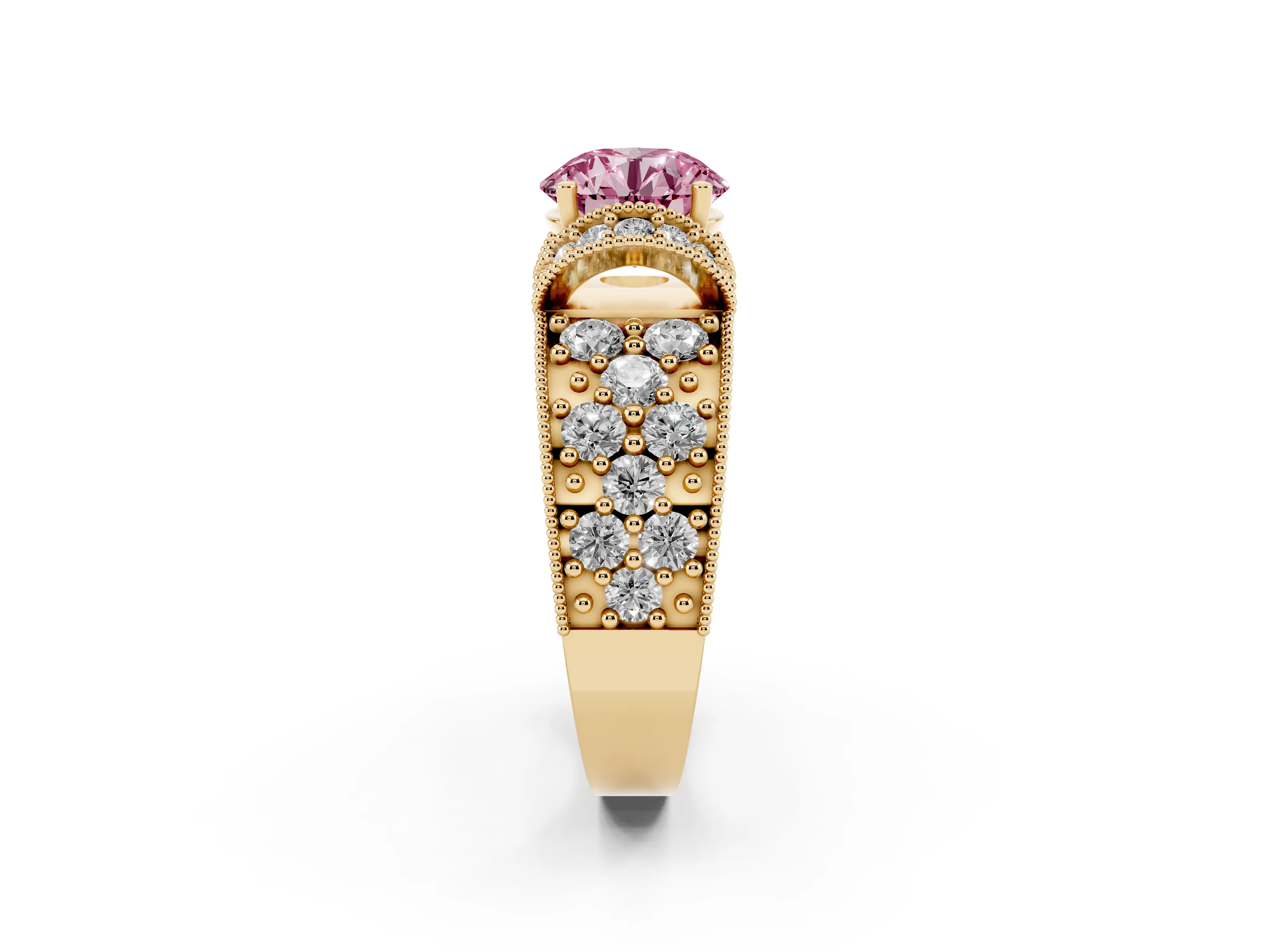 Fancy Pink Round Cut Diamond Milgrain Halo Pavé Engagement Ring Set in Yellow gold with Prong Setting