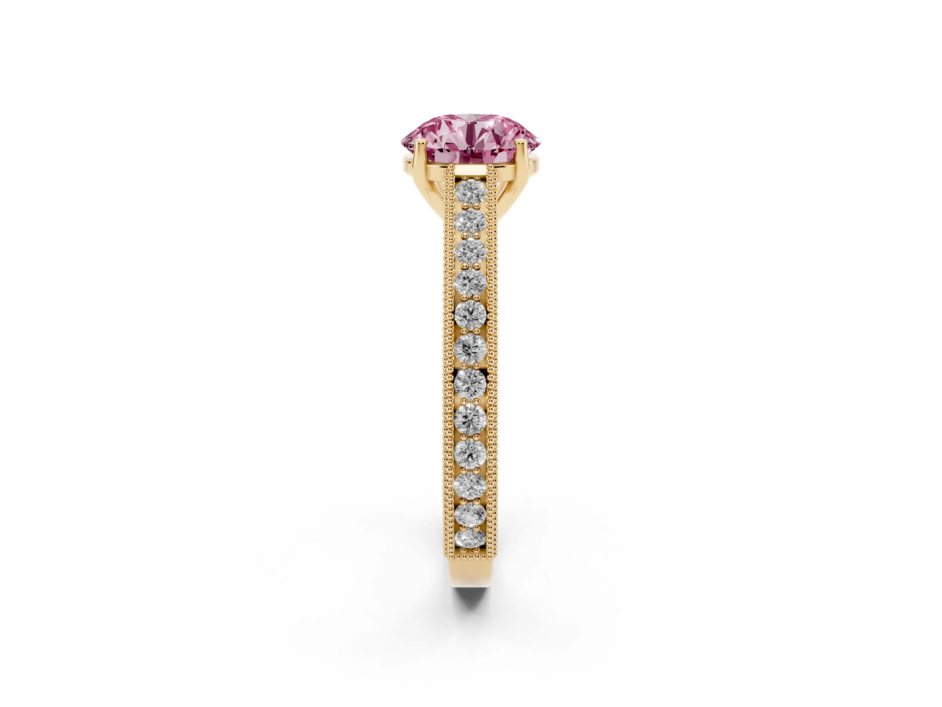 Fancy Pink Round Cut Diamond Milgrain Pavé Band Solitaire Ring Set in Yellow gold with Prong Setting