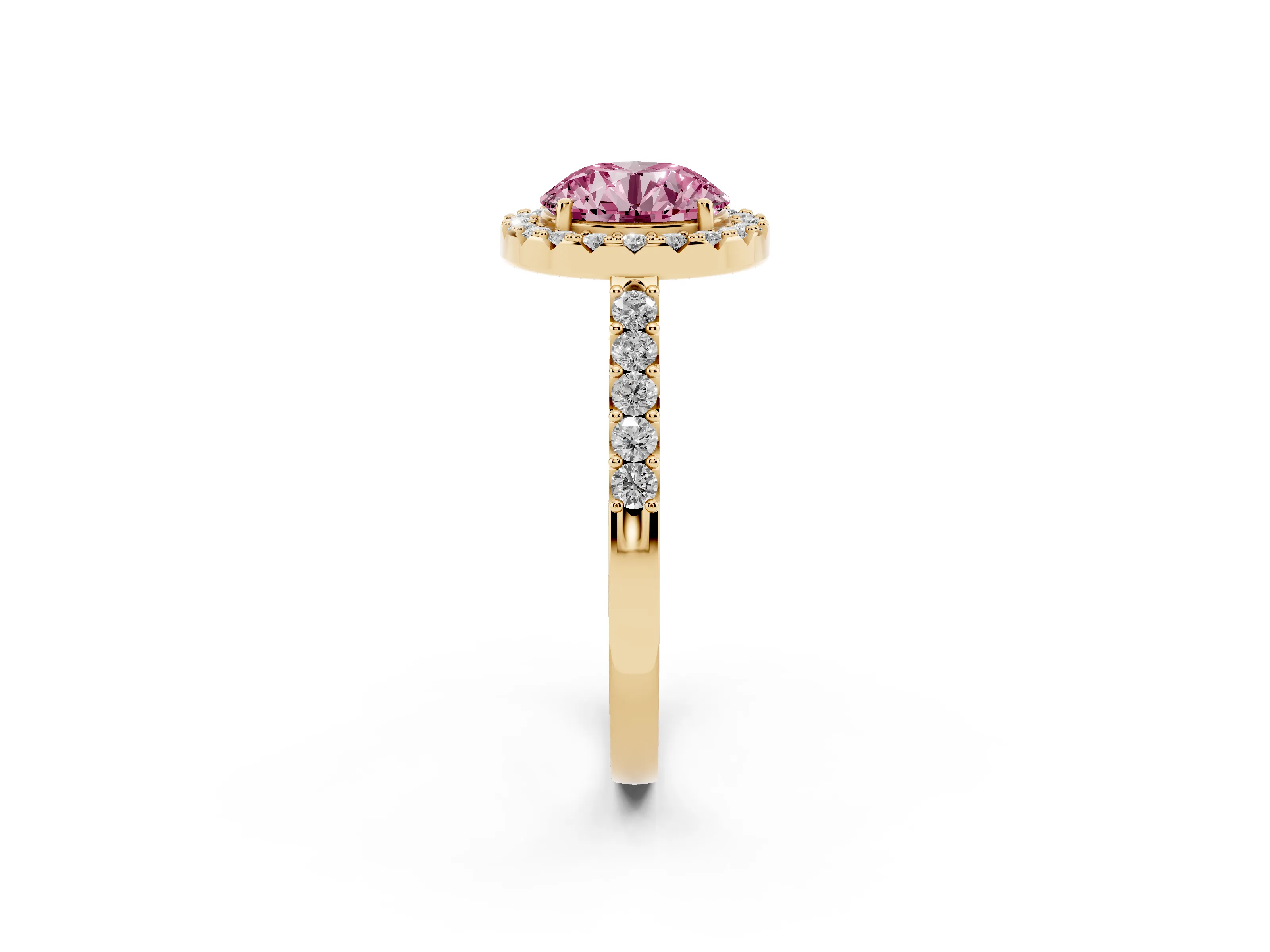 Fancy Pink Round Cut Diamond Halo Pavé Solitaire Ring Set in Yellow gold with Prong-Set Center Stone