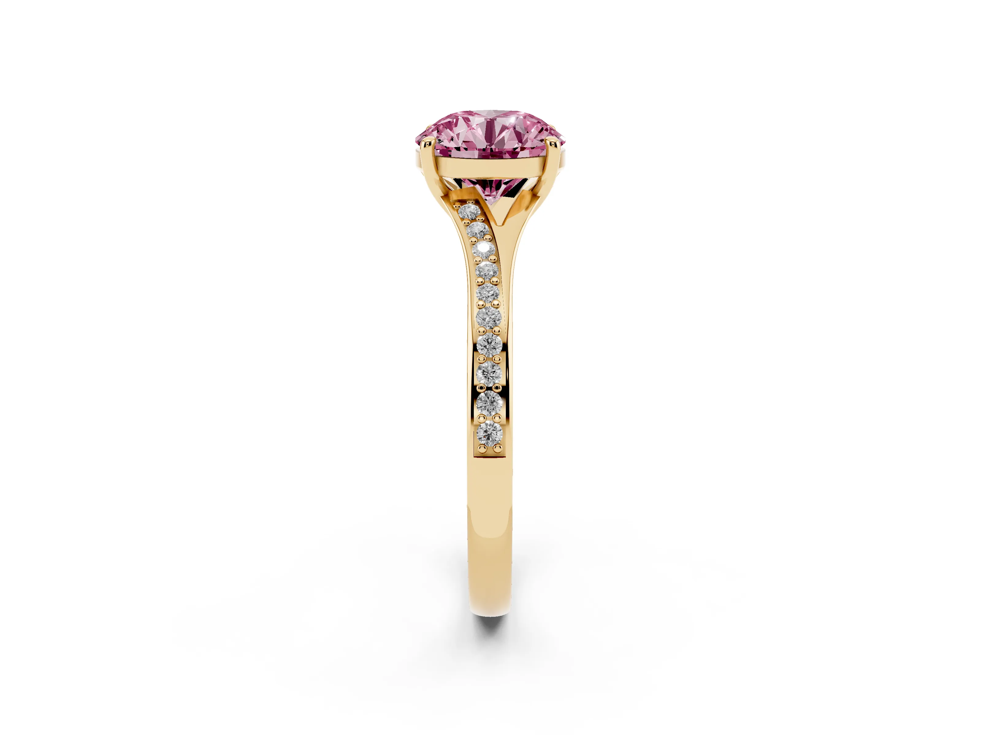 Fancy Pink Round Cut Diamond Solitaire Ring Set in Yellow gold with Pavé Accent Band and Classic Prong Setting