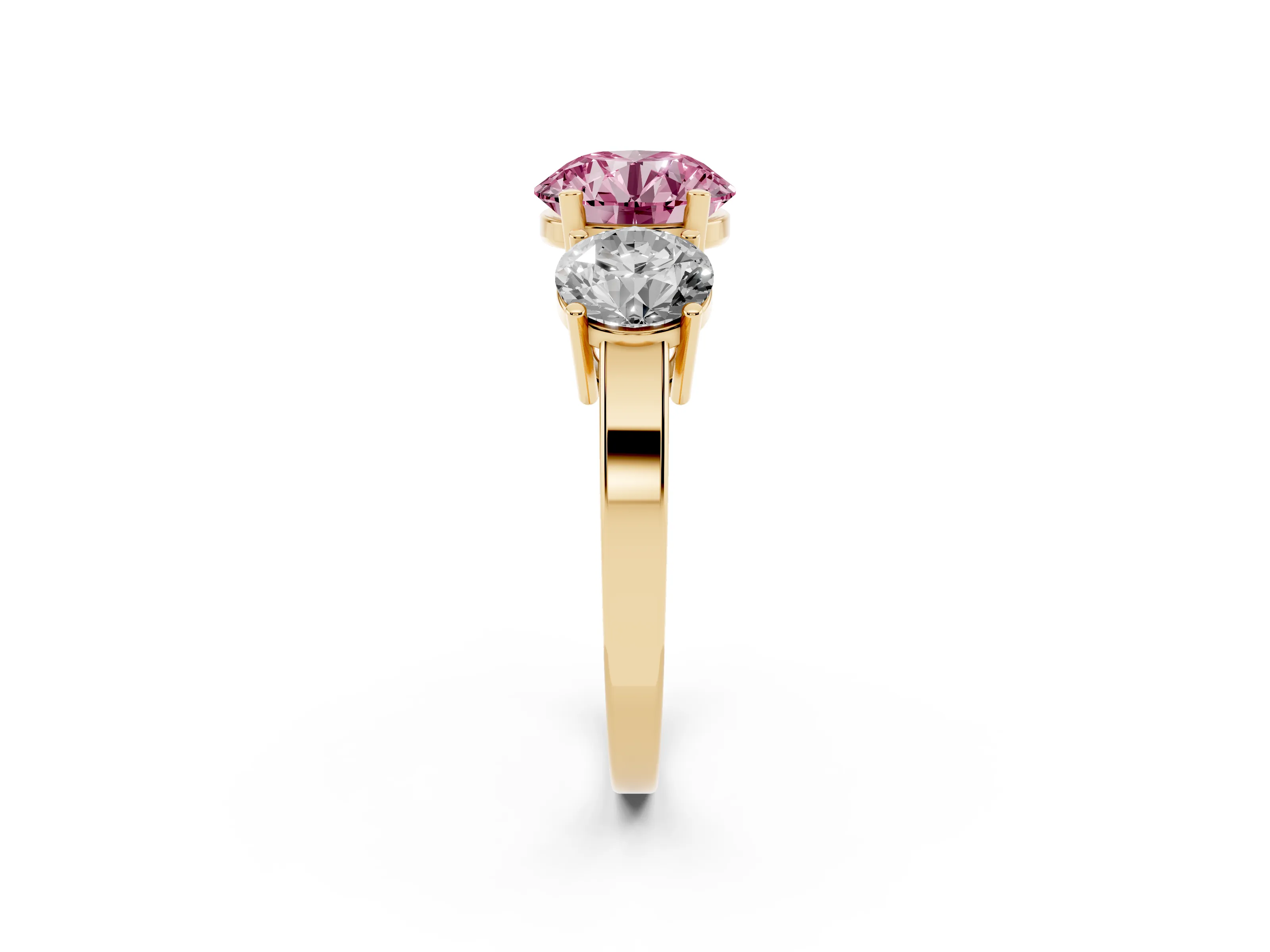 Fancy Pink Round Cut Diamond Three-Stone Engagement Ring Set in Yellow gold with Flat Band