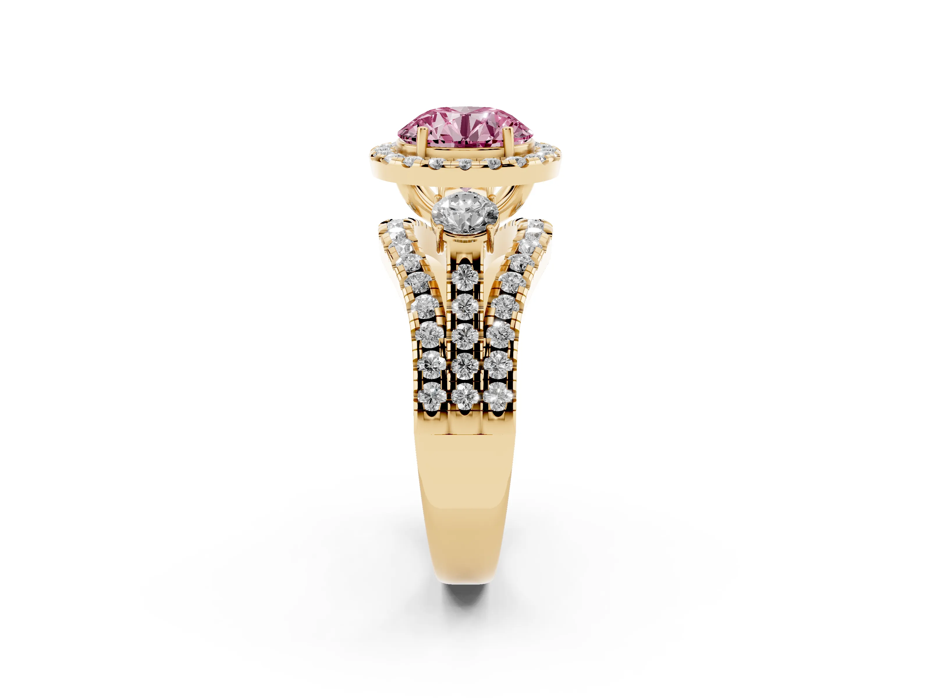 Fancy Pink Round Cut Diamond Halo Split Shank Ring Set in Yellow gold with Round Accent Stones and Prong Setting