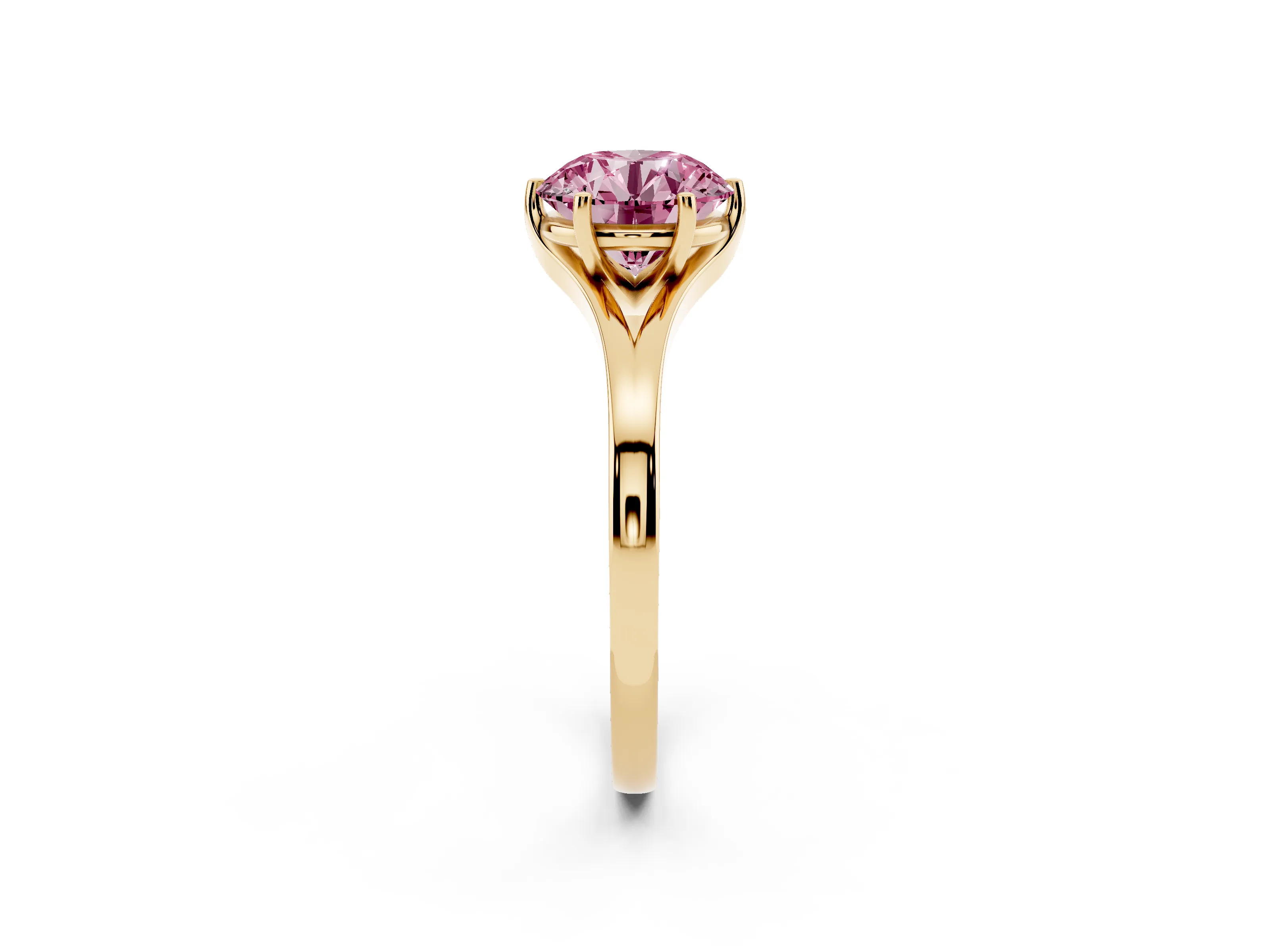 Fancy Pink Round Cut Diamond Solitaire Ring Set in Yellow gold with Polished Tapered Band and Prong Setting
