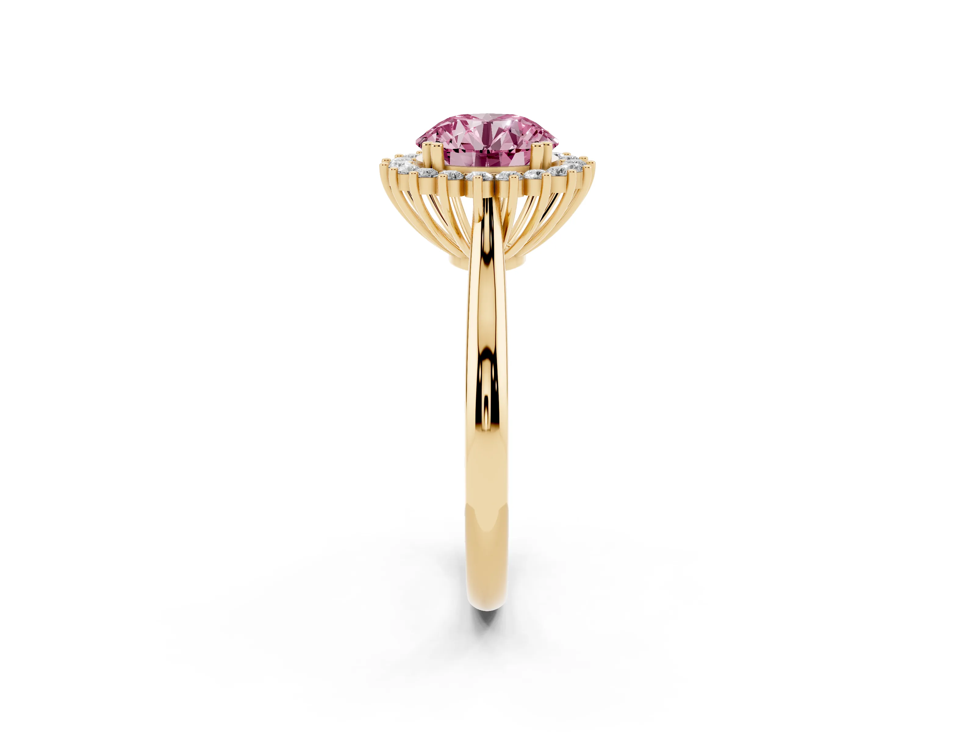 Fancy Pink Round Cut Diamond Halo Ring Set in Yellow gold with Plain Solitaire Band and Prong Setting
