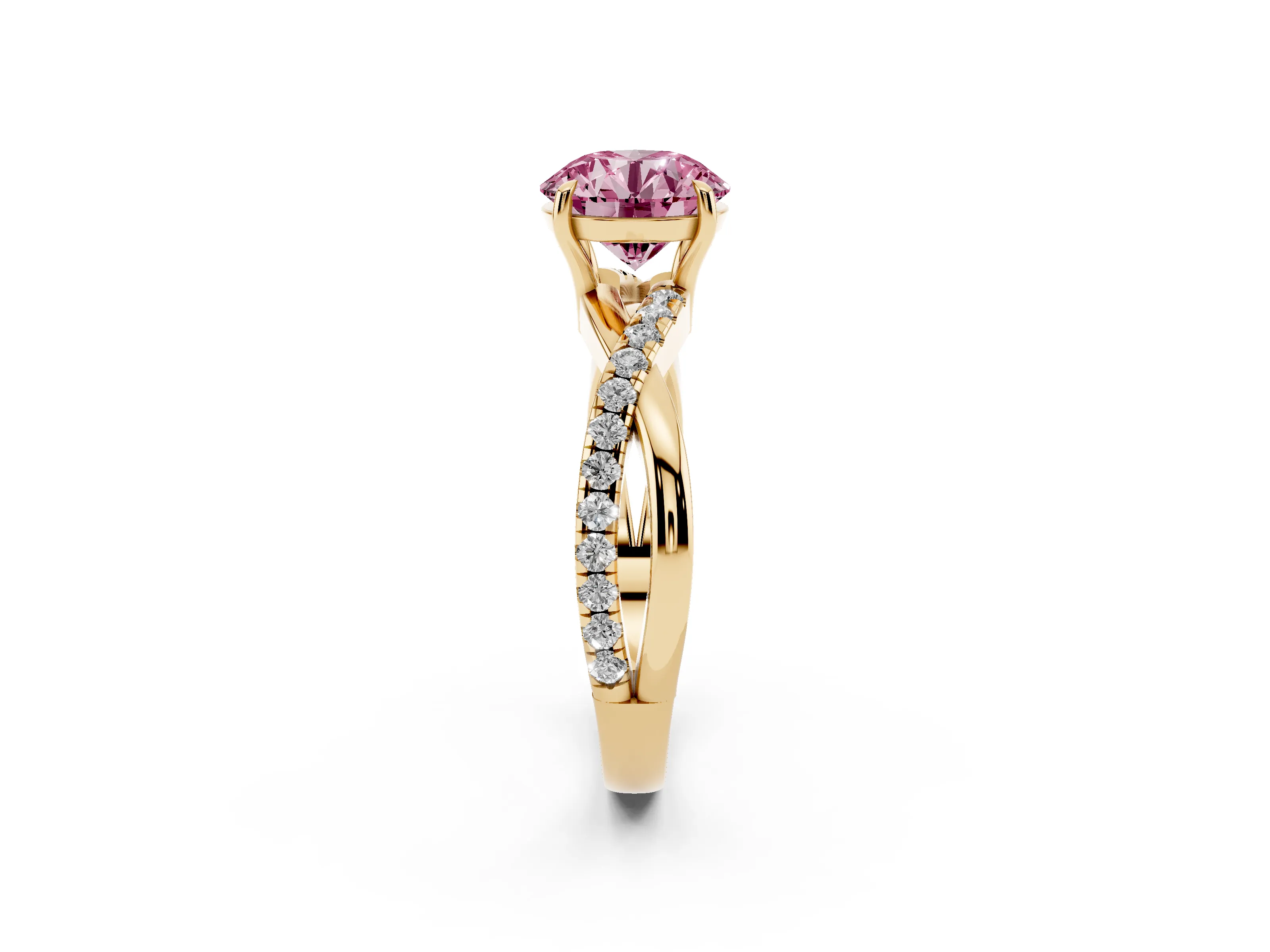 Fancy Pink Round Cut Diamond Twisted Pavé Band Ring Set in Yellow gold with Prong Setting