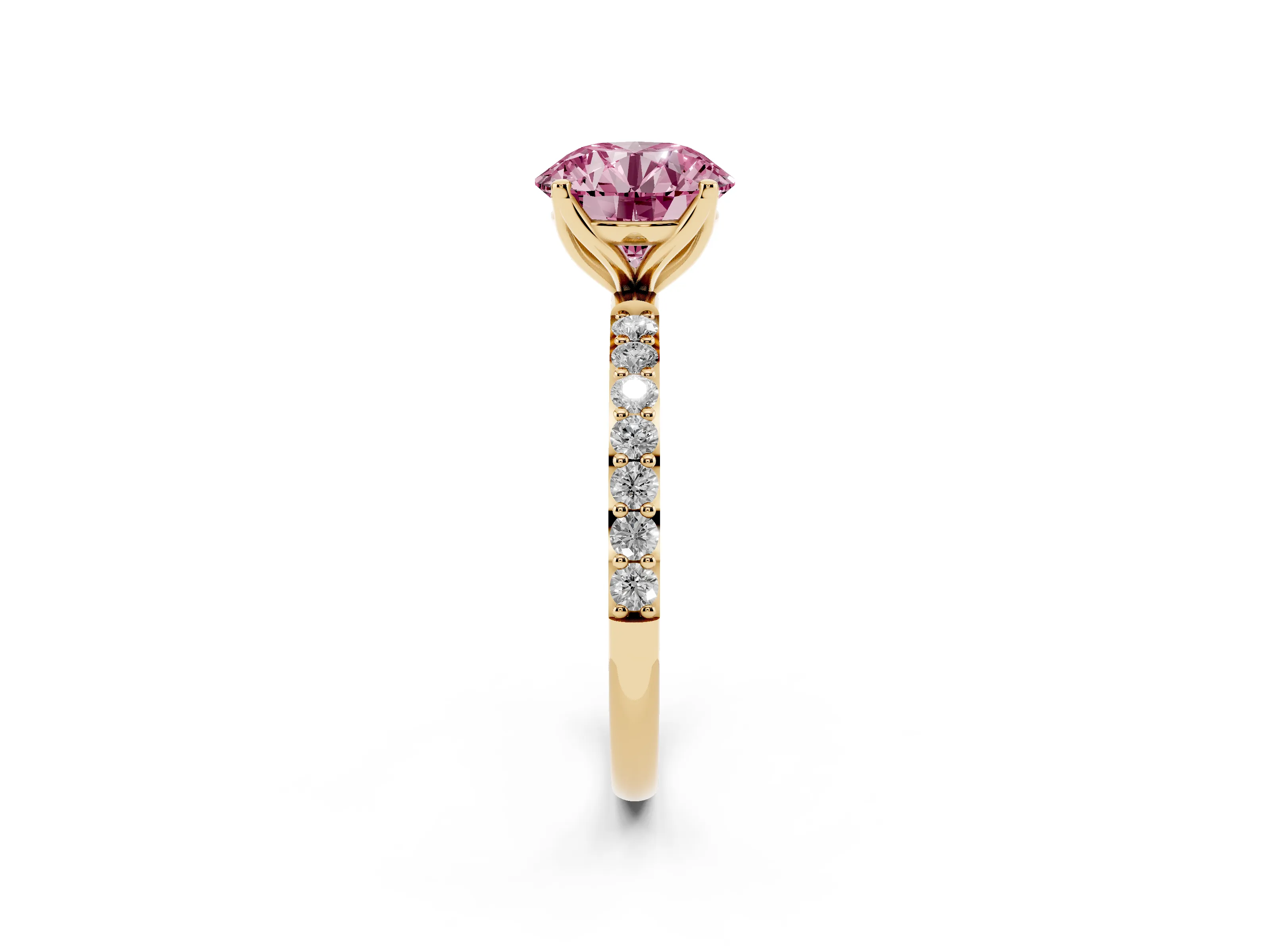 Fancy Pink Round Cut Diamond Solitaire Engagement Ring Set in Yellow gold with Round Pavé Band and Prong Setting