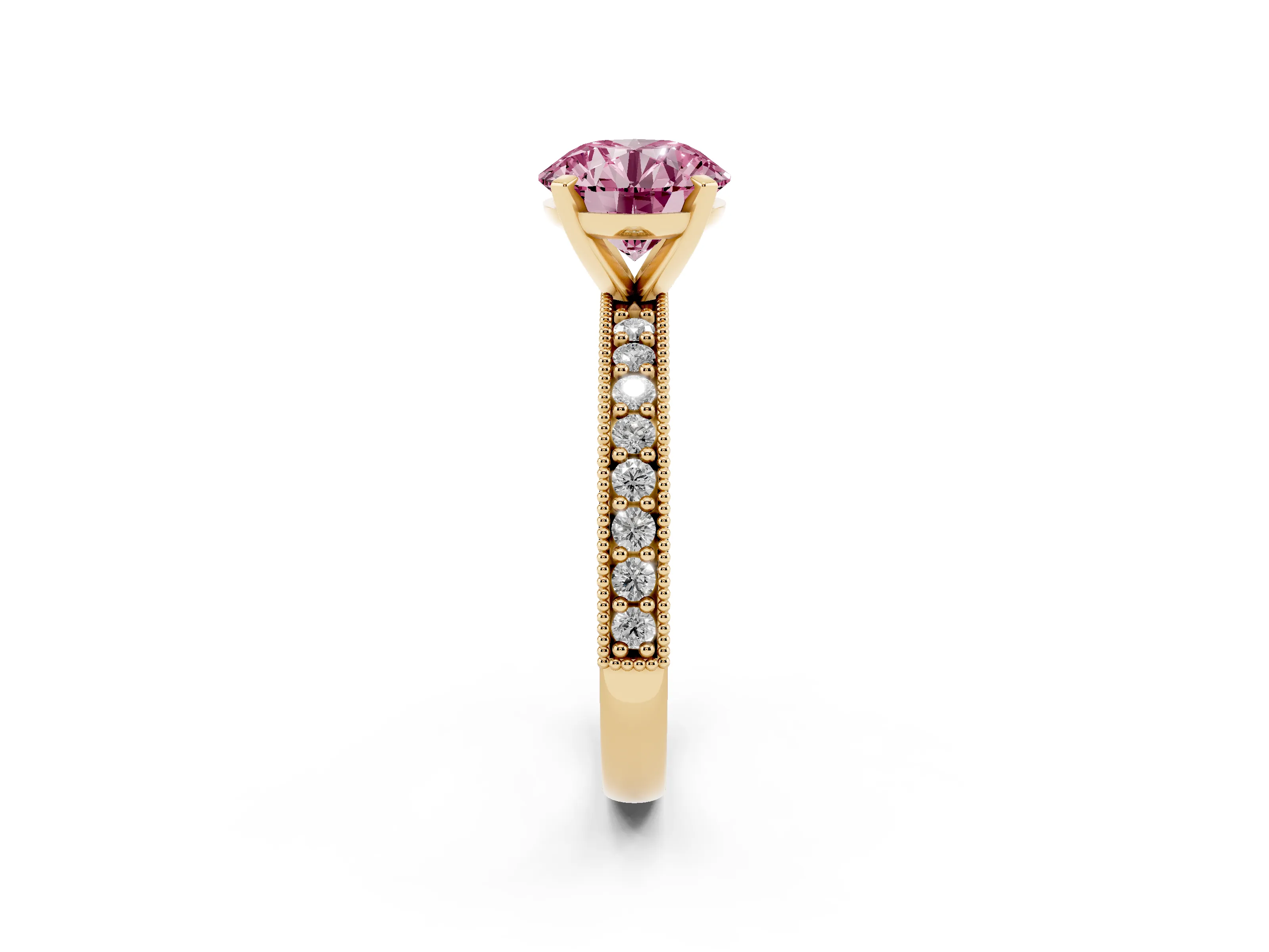 Fancy Pink Round Cut Diamond Milgrain Pavé Engagement Ring Set in Yellow gold with Prong Setting