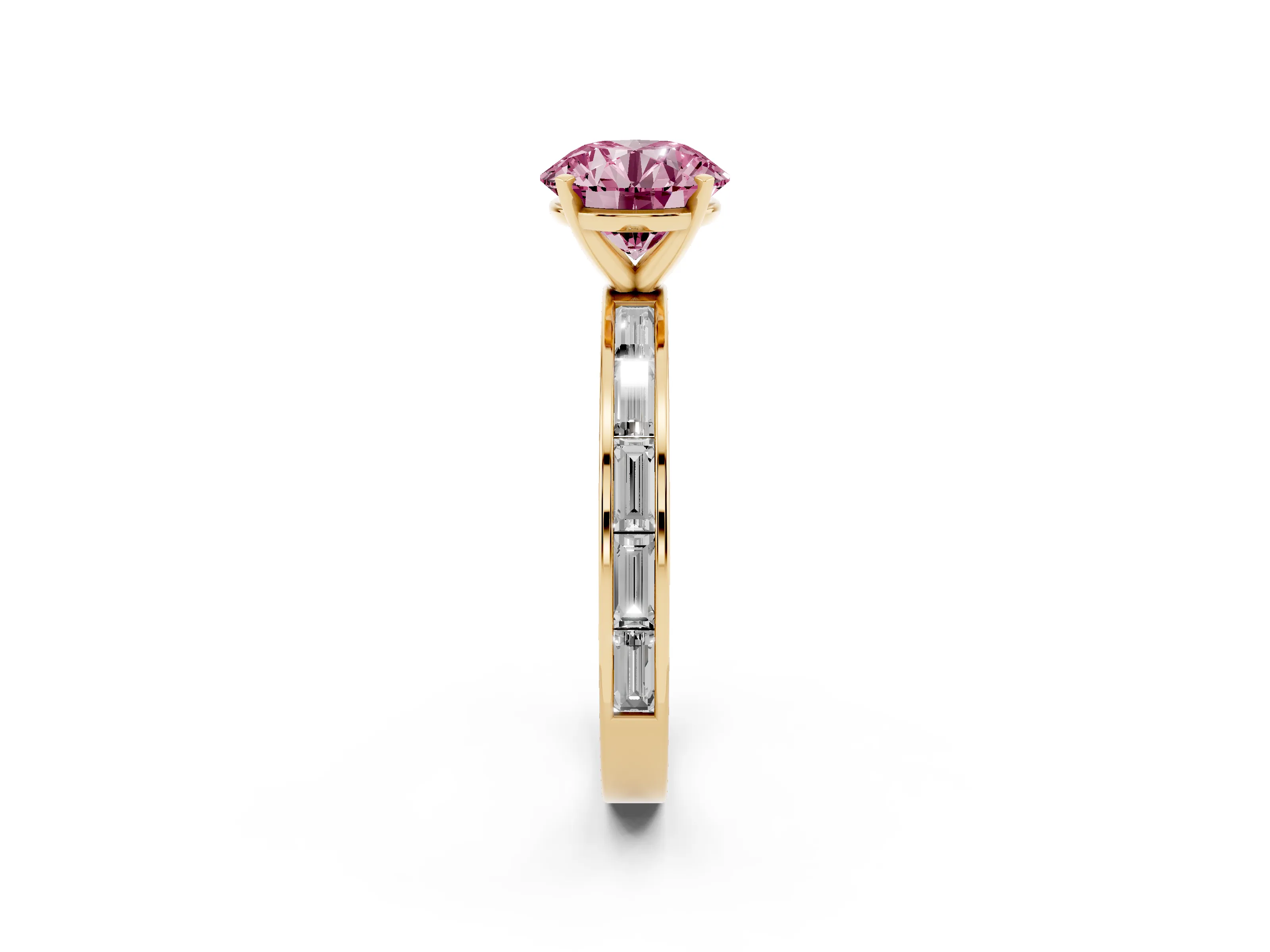 Fancy Pink Round Cut Diamond Solitaire Ring Set in Yellow gold with Channel-Set Baguette Band and Prong Setting