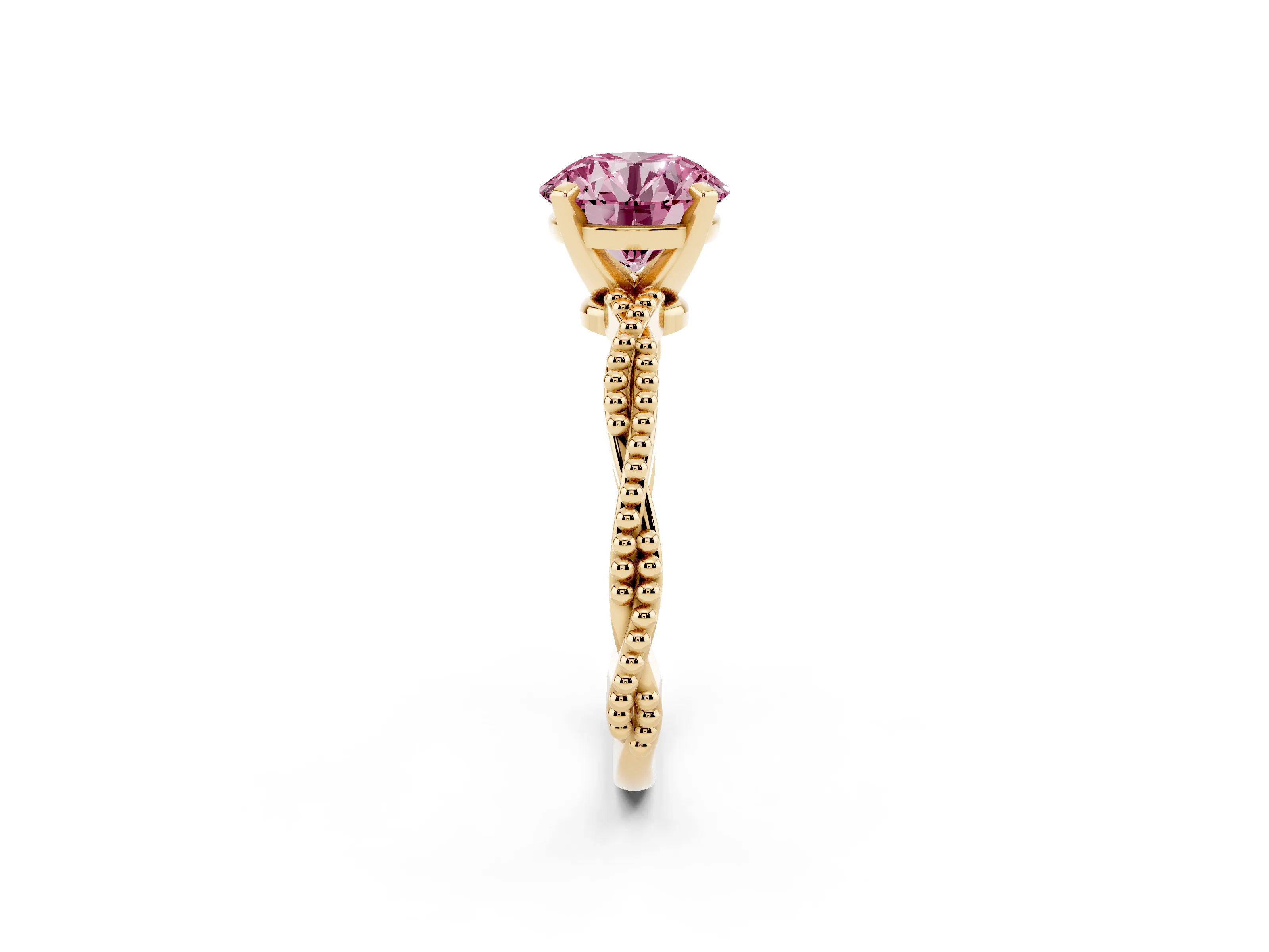 Fancy Pink Round Cut Diamond Solitaire Ring Set in Yellow gold with Twisted Band and Bead Prong Setting
