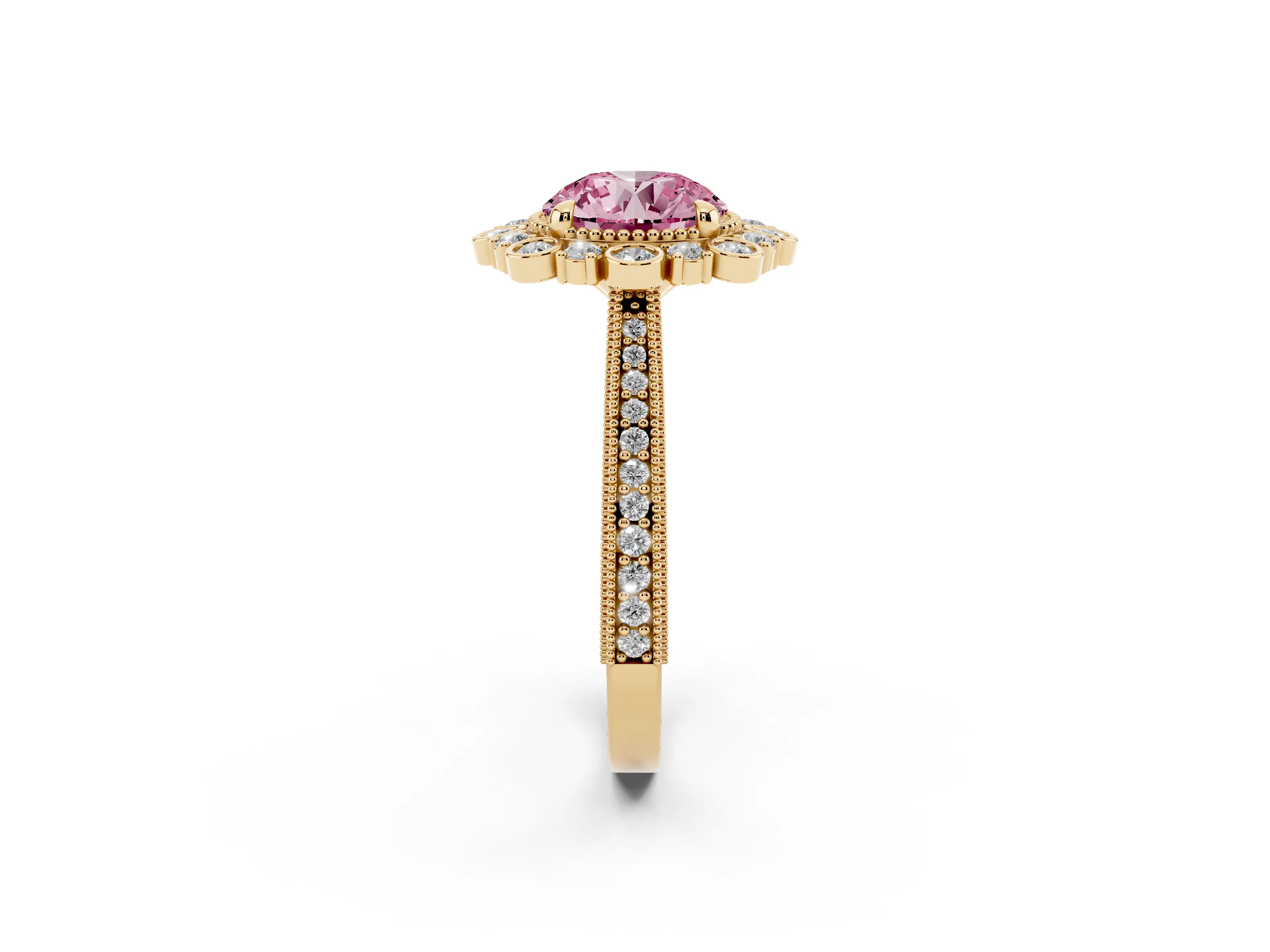 Fancy Pink Round Cut Diamond Halo Milgrain Pavé Ring Set in Yellow gold with Prong Setting