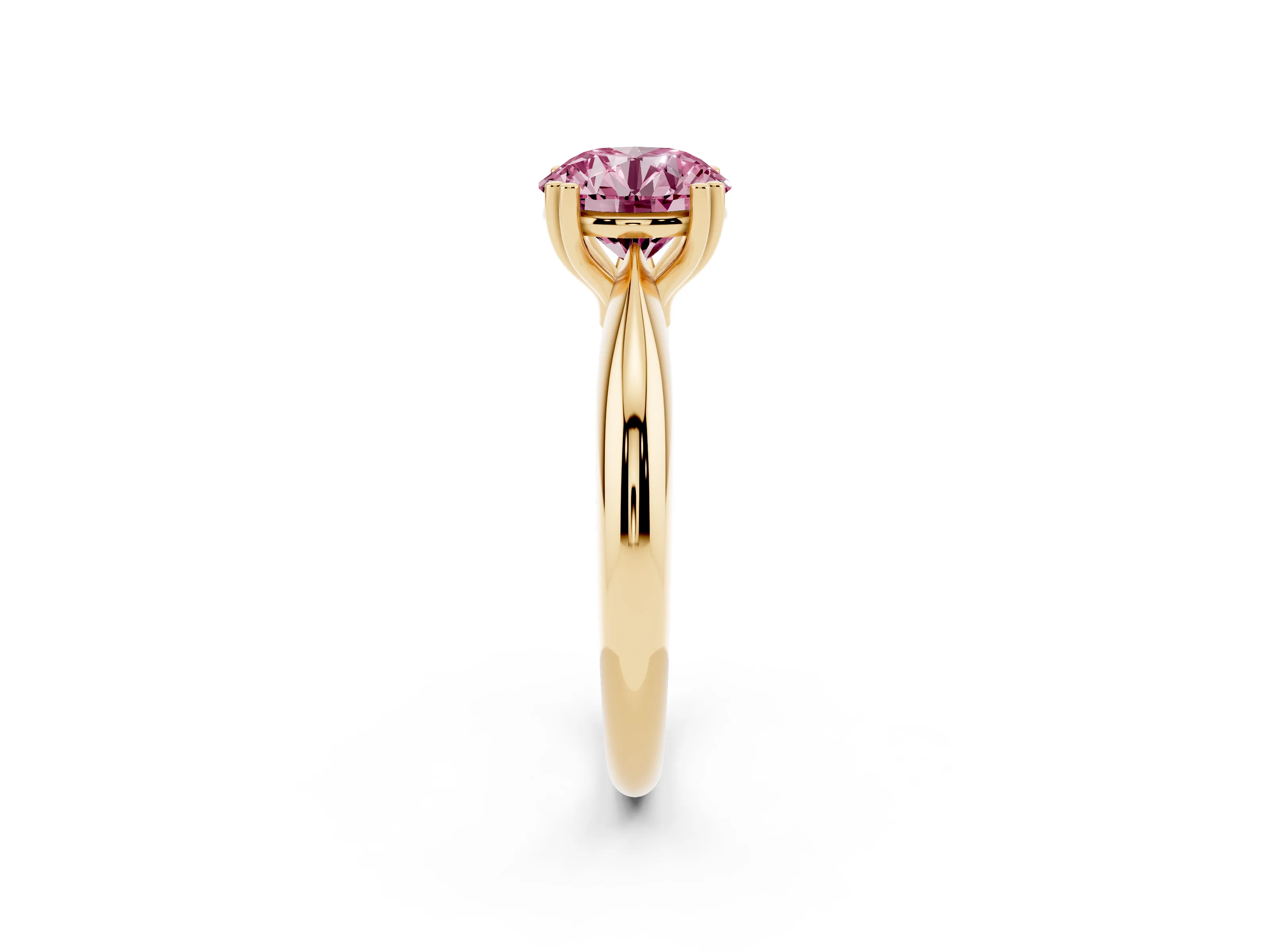 Fancy Pink Round Cut Diamond Solitaire Engagement Ring Set in Yellow gold with Tapered Band and Prong Setting