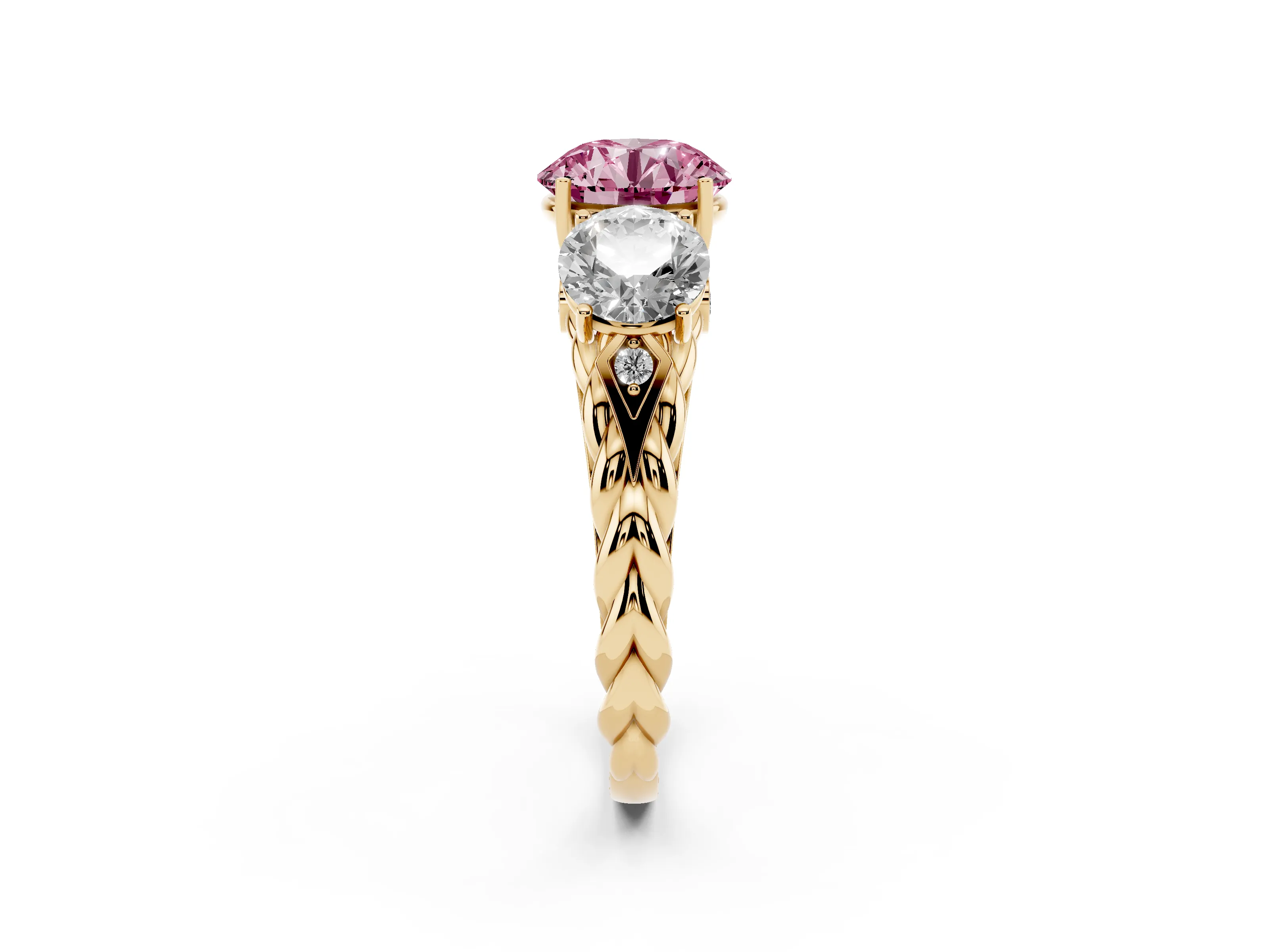 Fancy Pink Round Cut Diamond Three-Stone Ring Set in Yellow gold with Braided Band