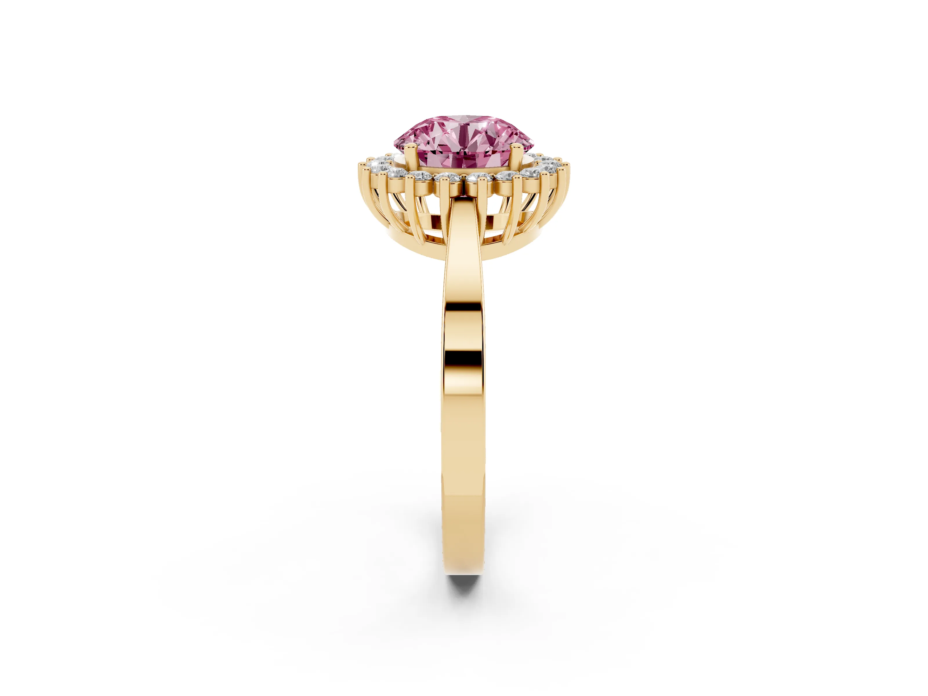 Fancy Pink Round Cut Diamond Halo Ring Set in Yellow gold with Round Halo and Smooth Solitaire Band