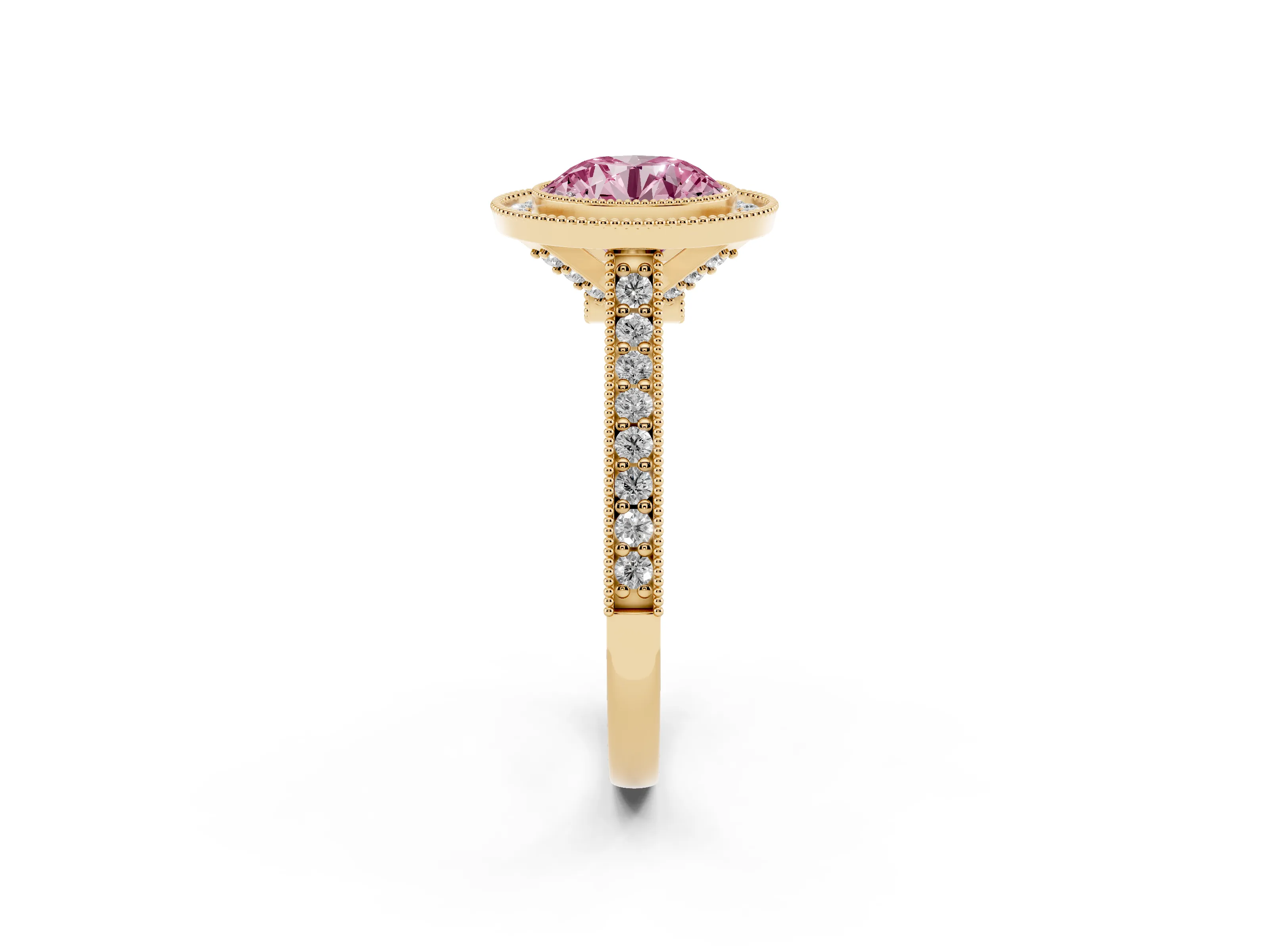 Fancy Pink Round Cut Diamond Halo Milgrain Pavé Band Ring Set in Yellow gold with Prong Setting