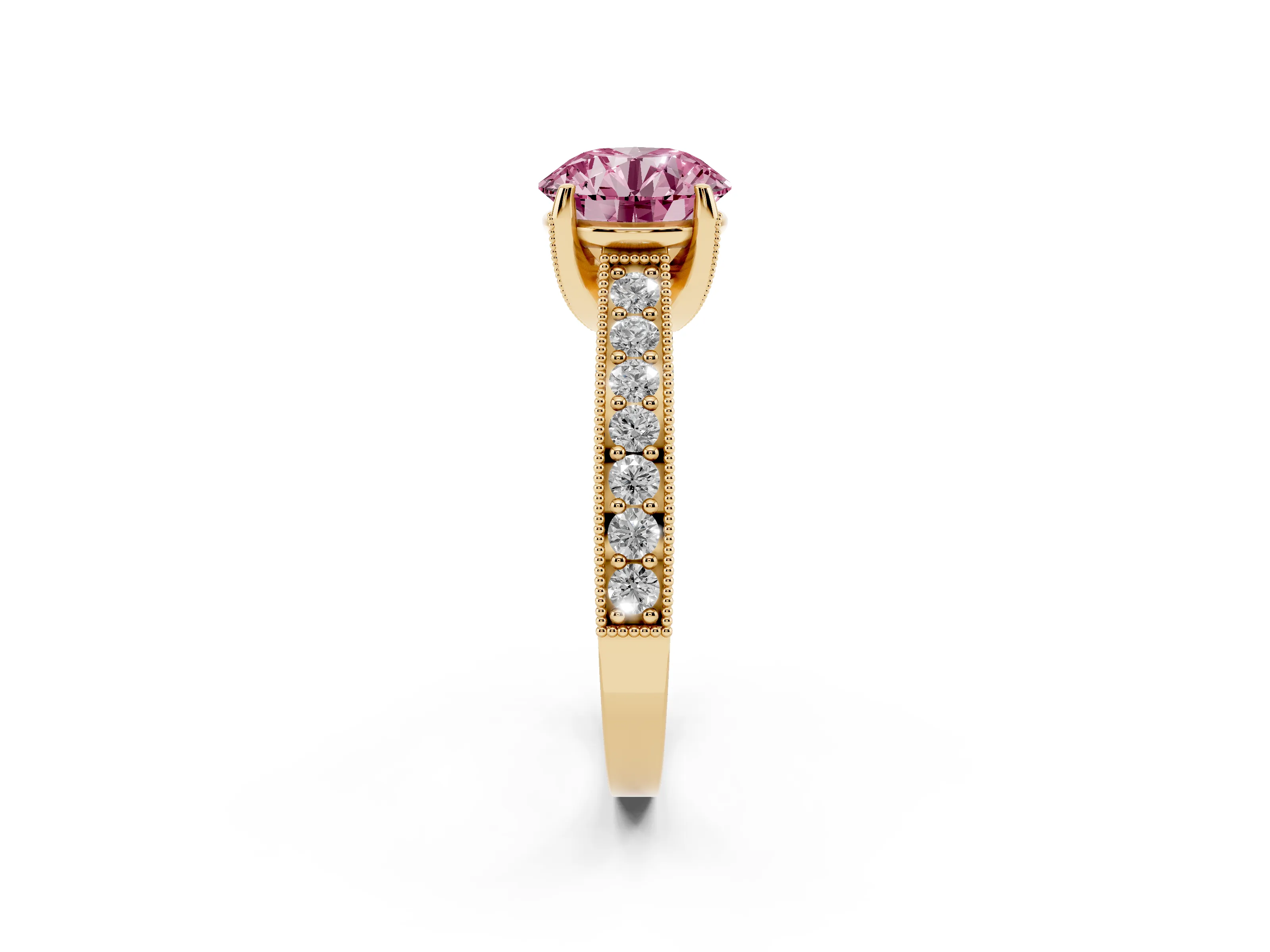Fancy Pink Round Cut Diamond Solitaire Ring Set in Yellow gold with Milgrain-Edged Pavé Band and Prong Setting