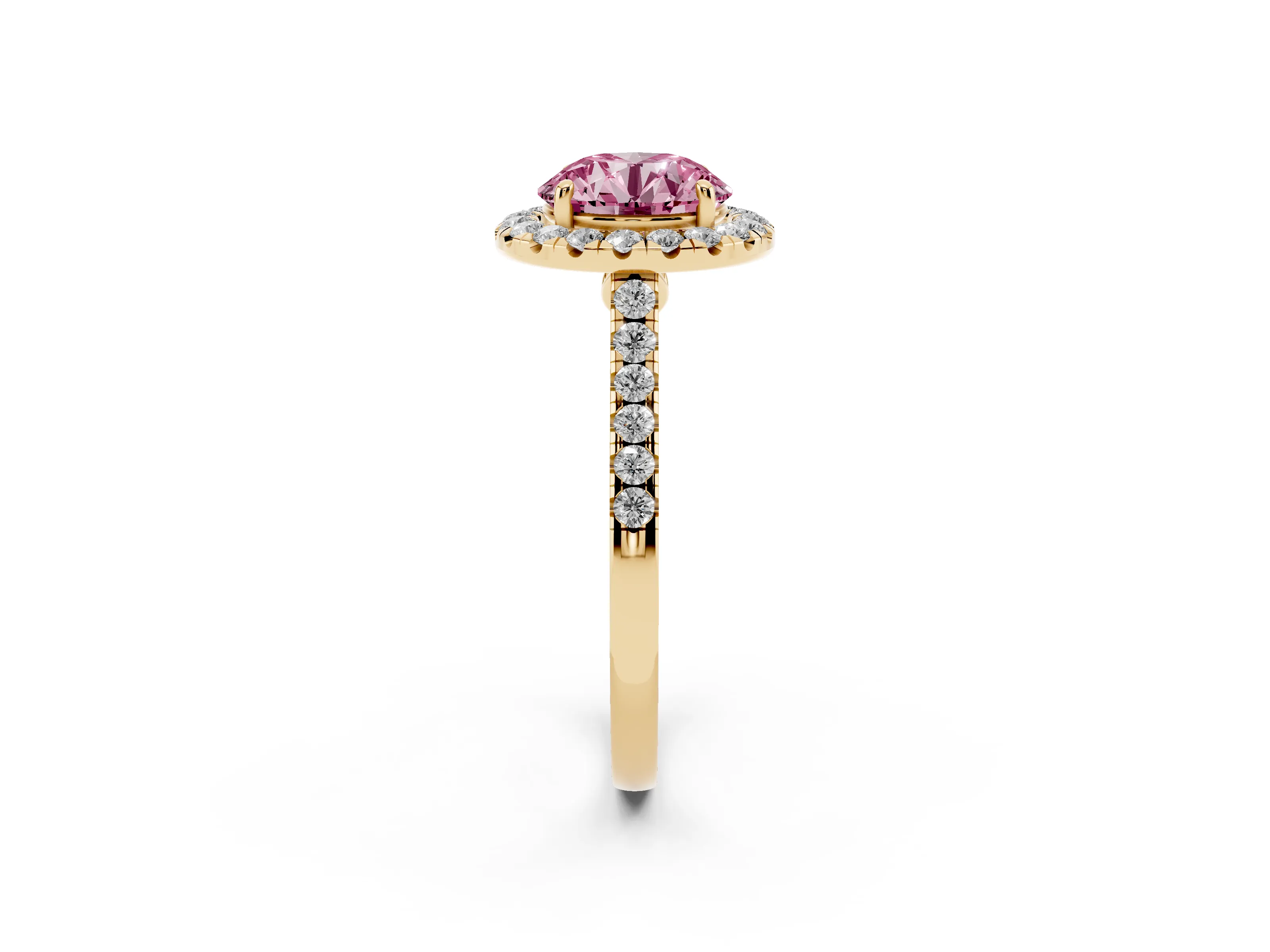 Fancy Pink Round Cut Diamond Halo Pavé Engagement Ring Set in Yellow gold with Prong Setting