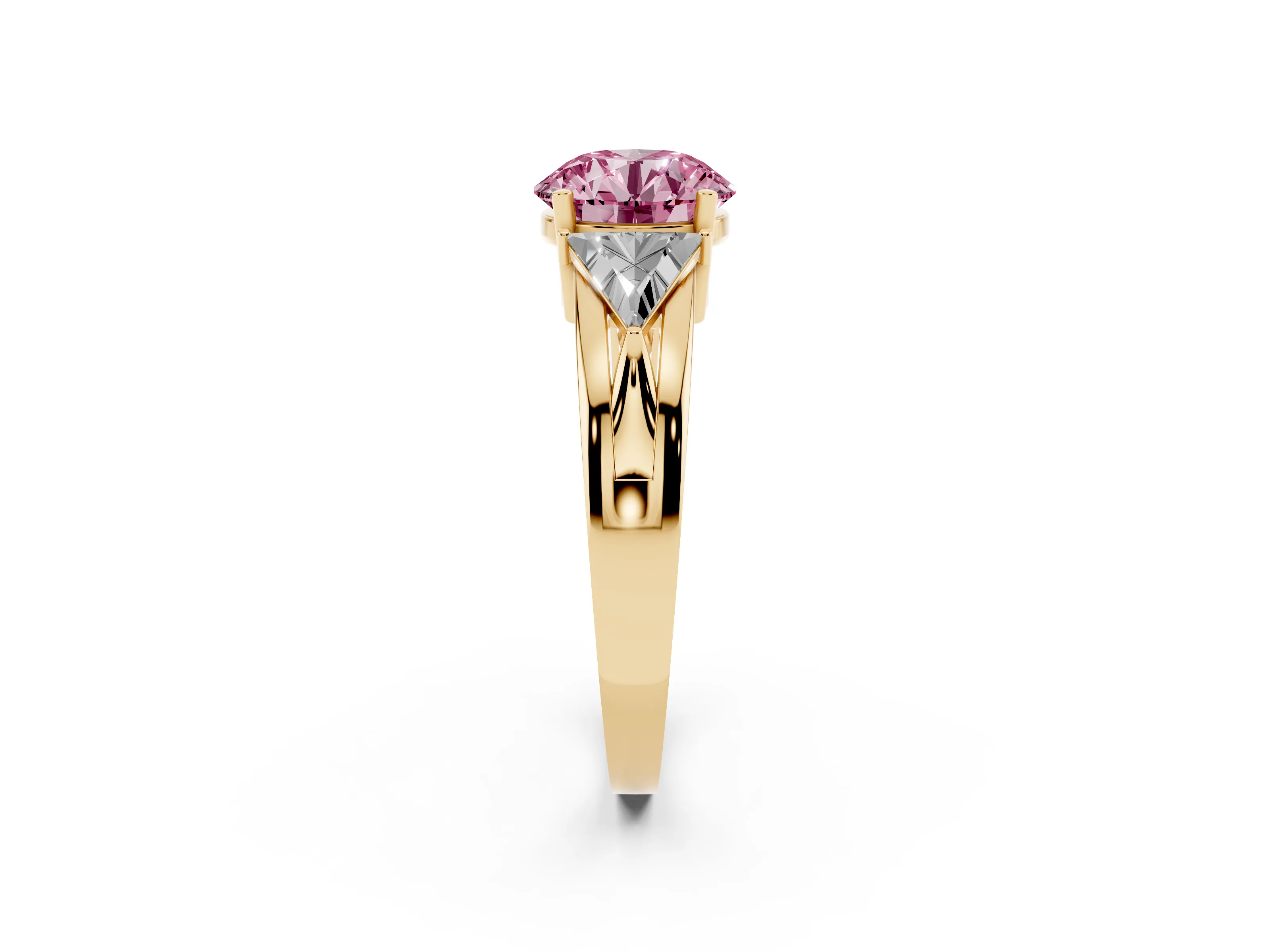 Fancy Pink Round Cut Diamond Three-Stone Ring Set in Yellow gold with Trillion Side Stones and Split Shank