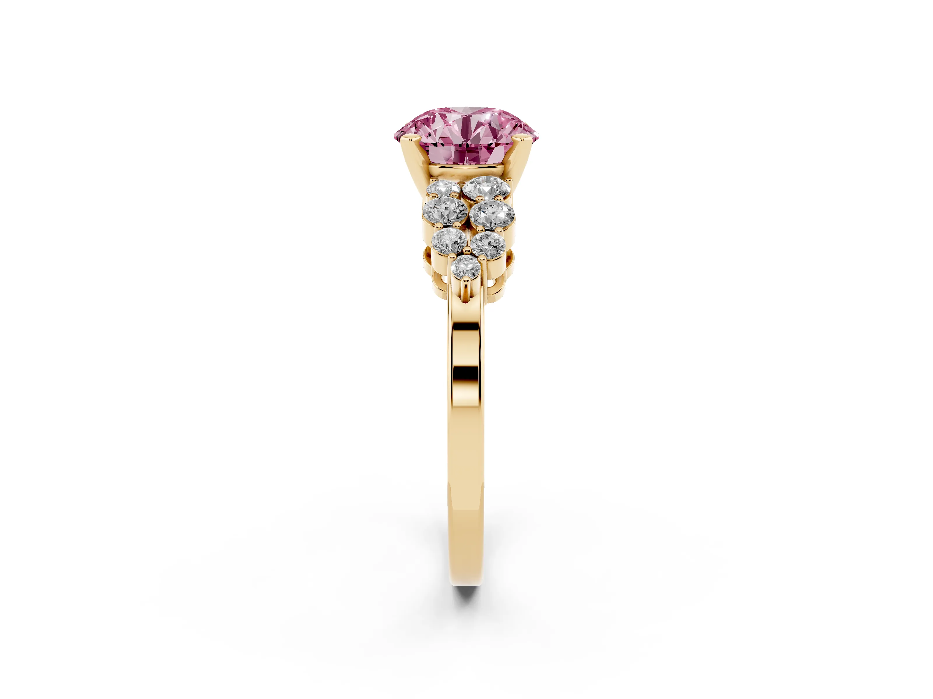 Fancy Pink Round Cut Diamond Cluster Engagement Ring Set in Yellow gold with Pavé Band and Prong Setting