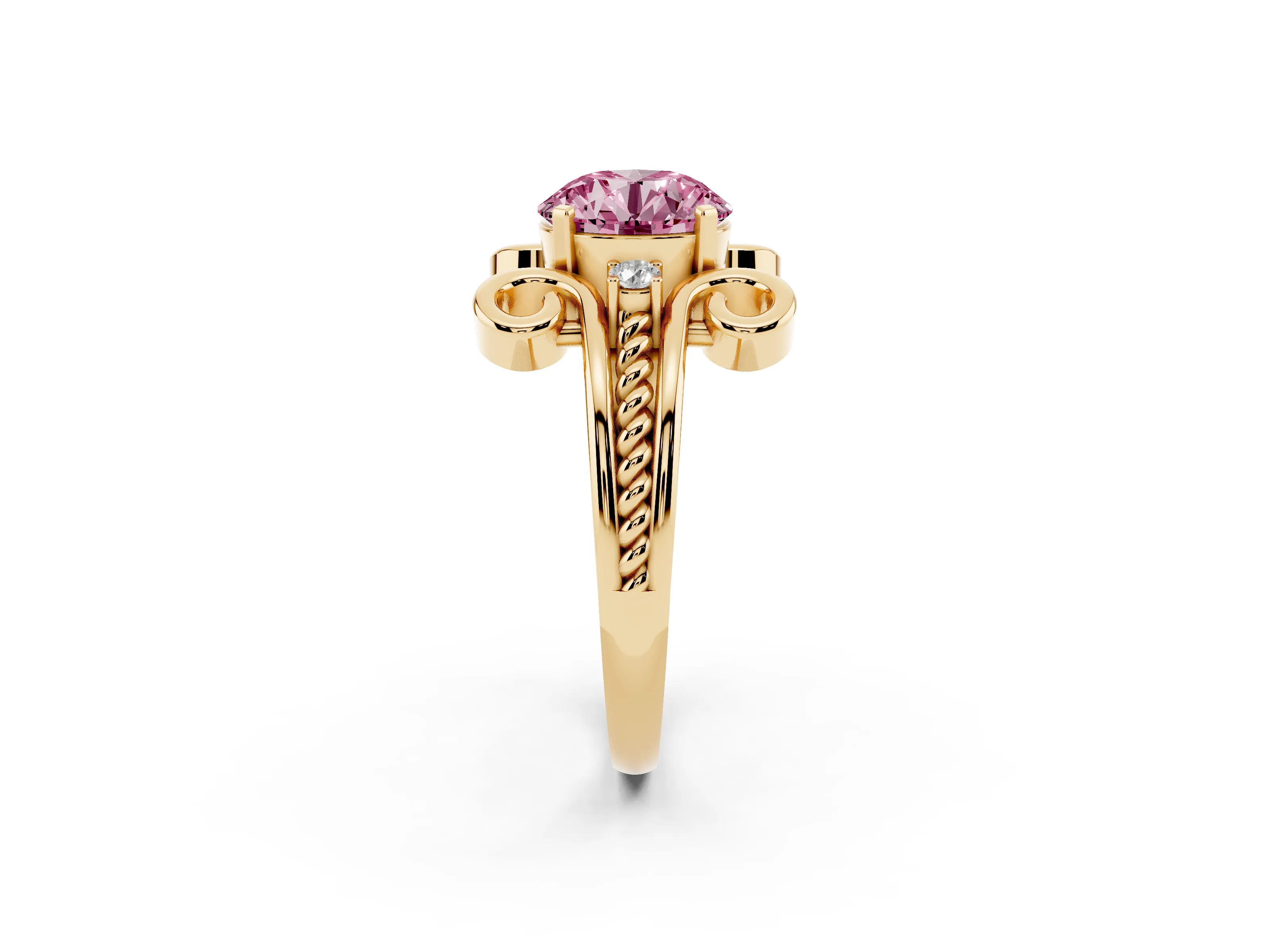 Fancy Pink Round Cut Diamond Twisted Band Solitaire Ring Set in Yellow gold with Scroll Prongs