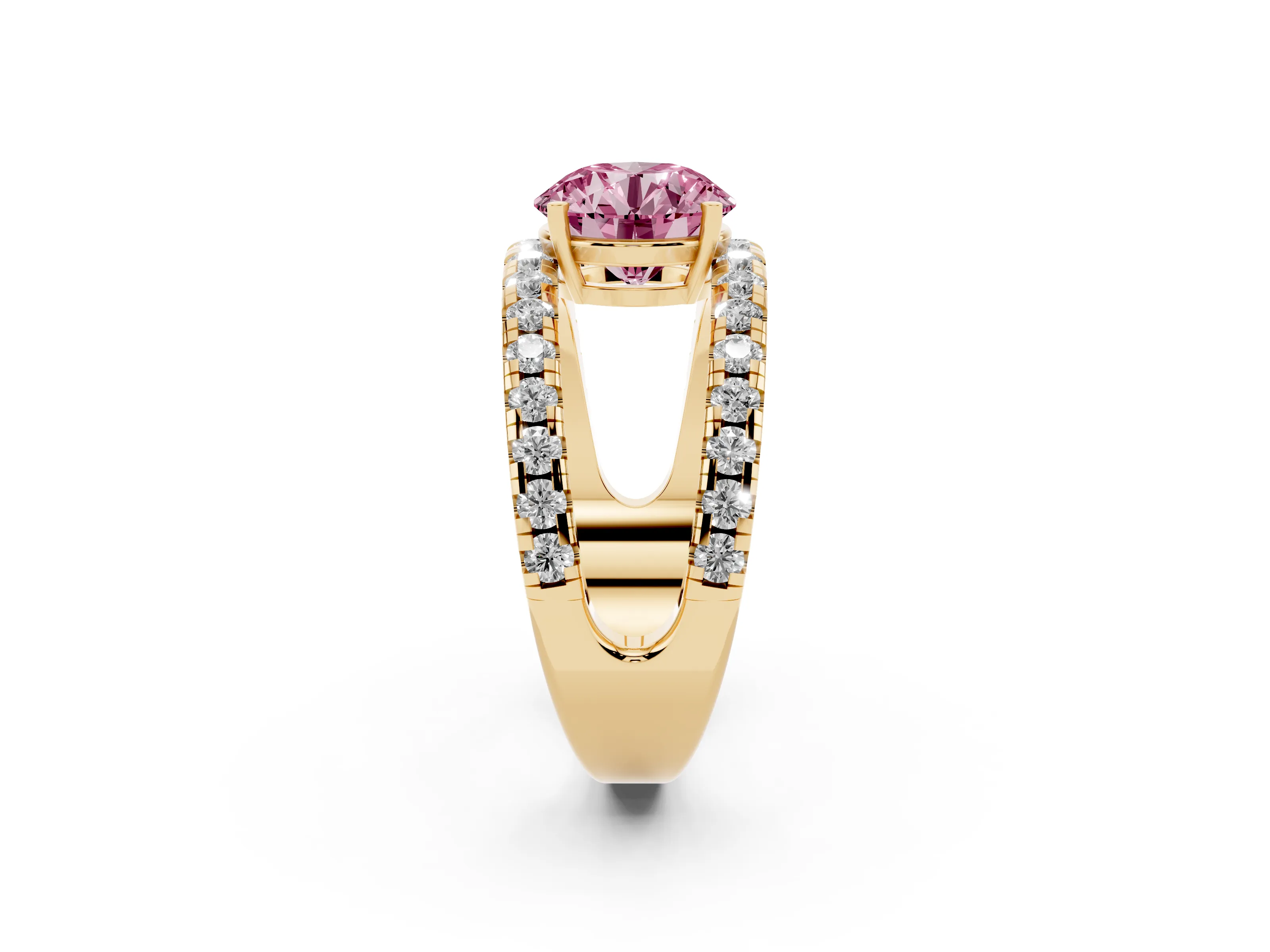 Fancy Pink Round Cut Diamond Split Shank Pavé Solitaire Ring Set in Yellow gold with Open Shank Design