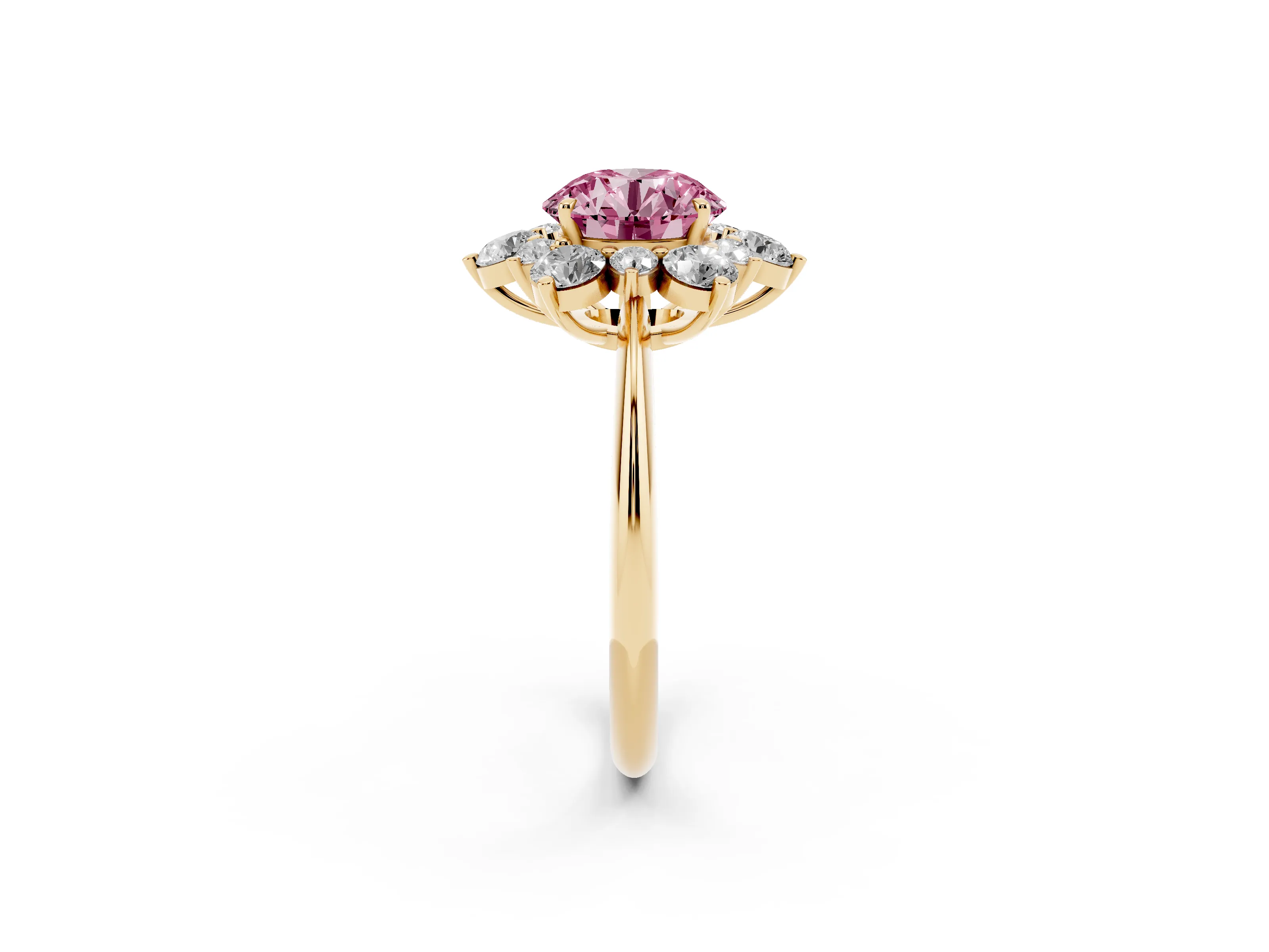 Fancy Pink Round Cut Diamond Cluster Halo Ring Set in Yellow gold with Solitaire Band and Prong Setting