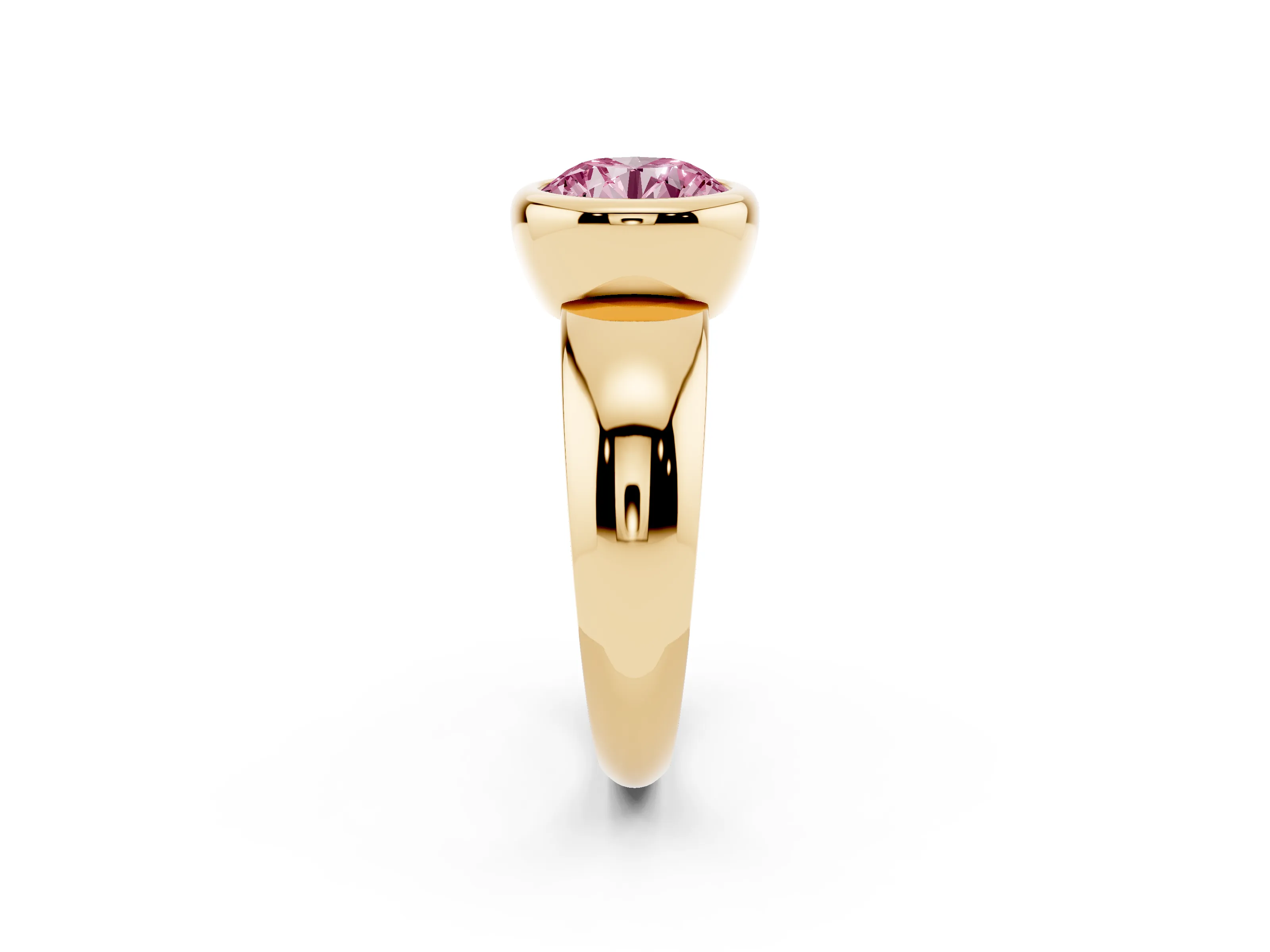 Fancy Pink Bezel Set Round Cut Diamond Solitaire Ring Set in Yellow gold with Wide Band