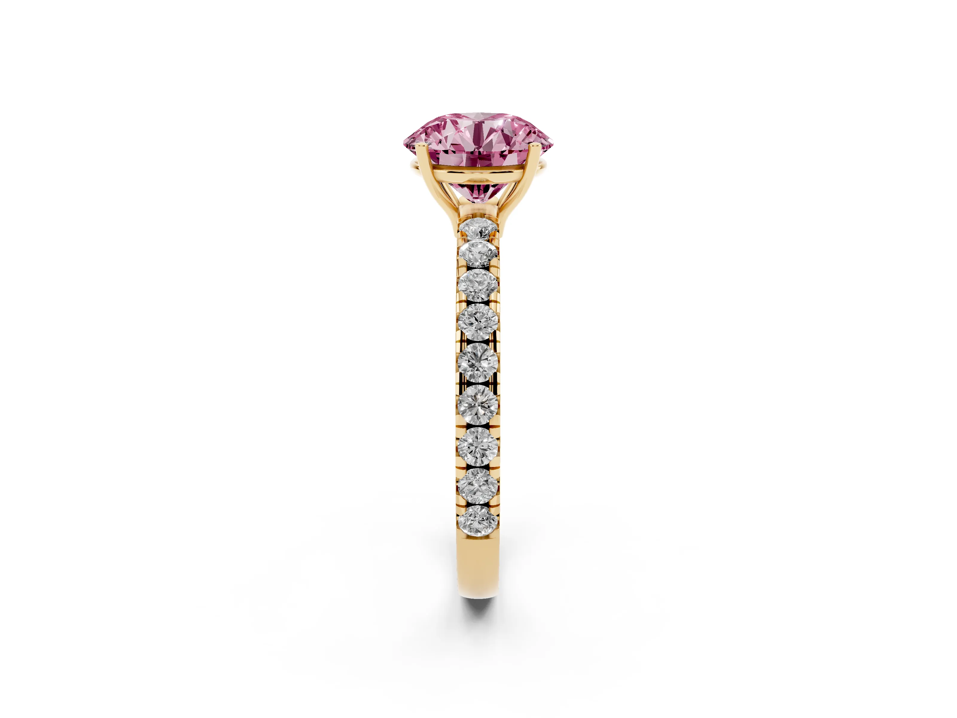 Fancy Pink Round Cut Diamond Pavé Solitaire Engagement Ring Set in Yellow gold with Prong Setting