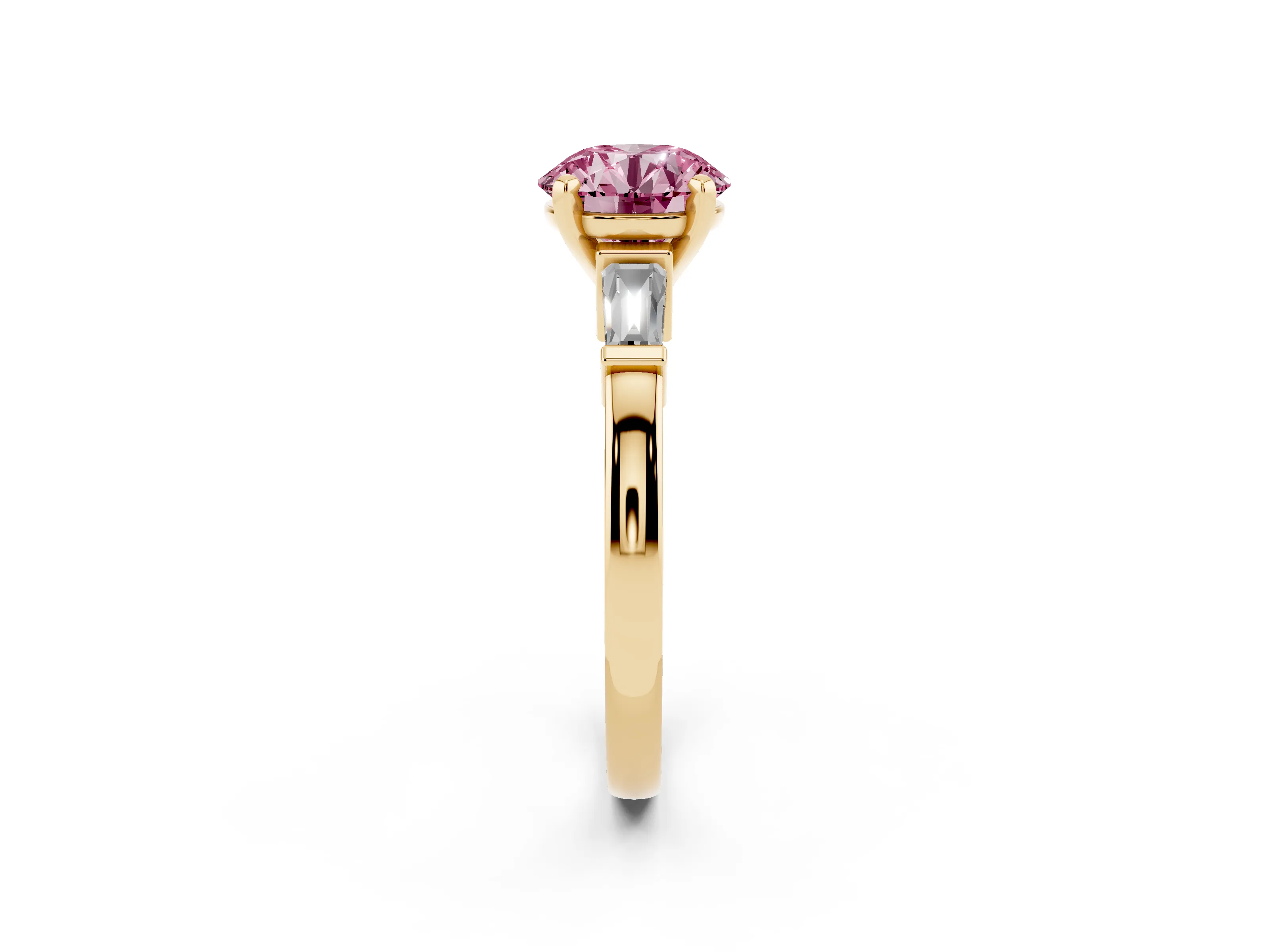 Fancy Pink Round Cut Diamond Solitaire Ring Set in Yellow gold with Tapered Baguette Accents and Prong Setting