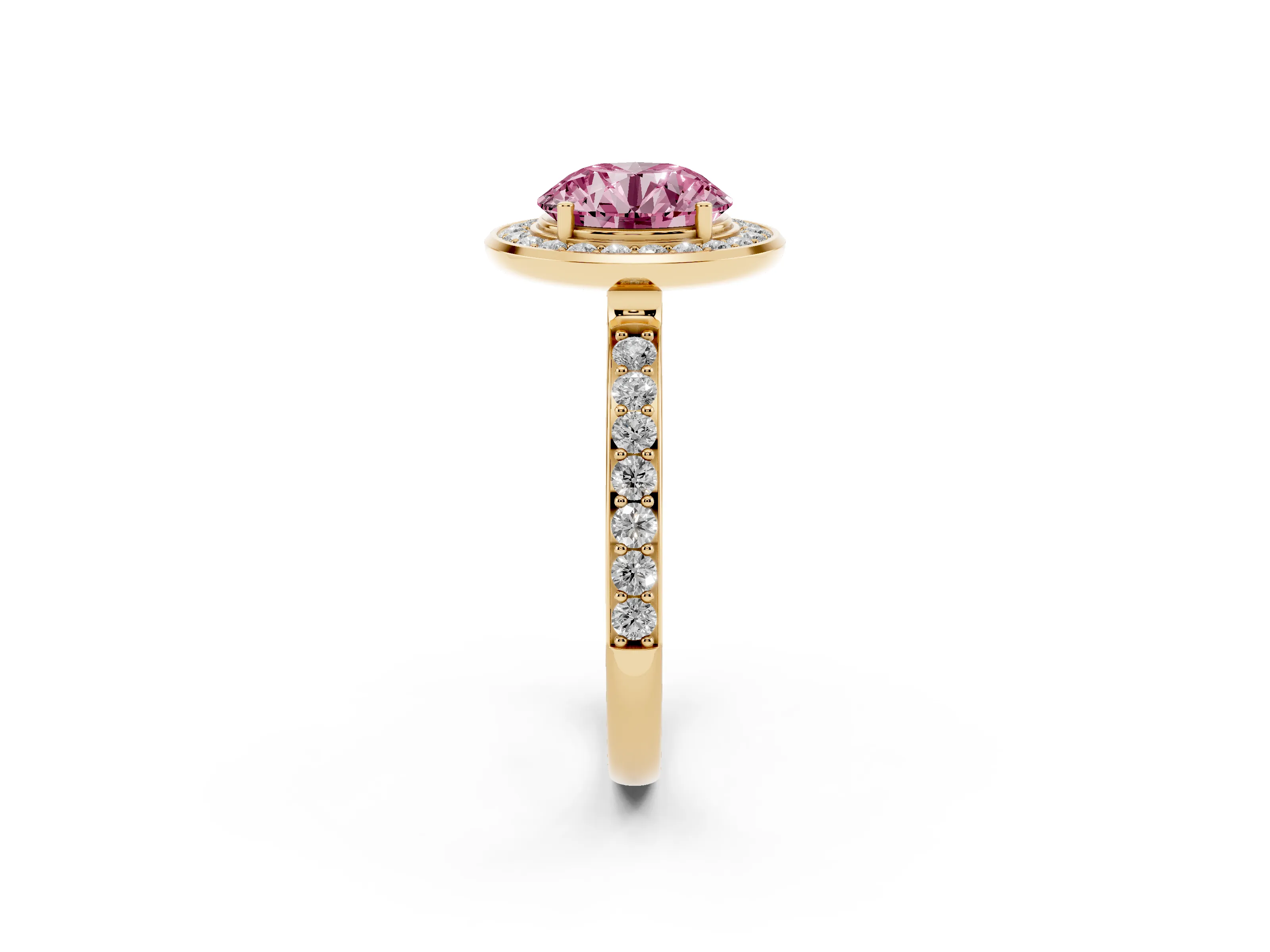 Fancy Pink Round Cut Diamond Halo Ring Set in Yellow gold with Bezel Frame and Pavé Band
