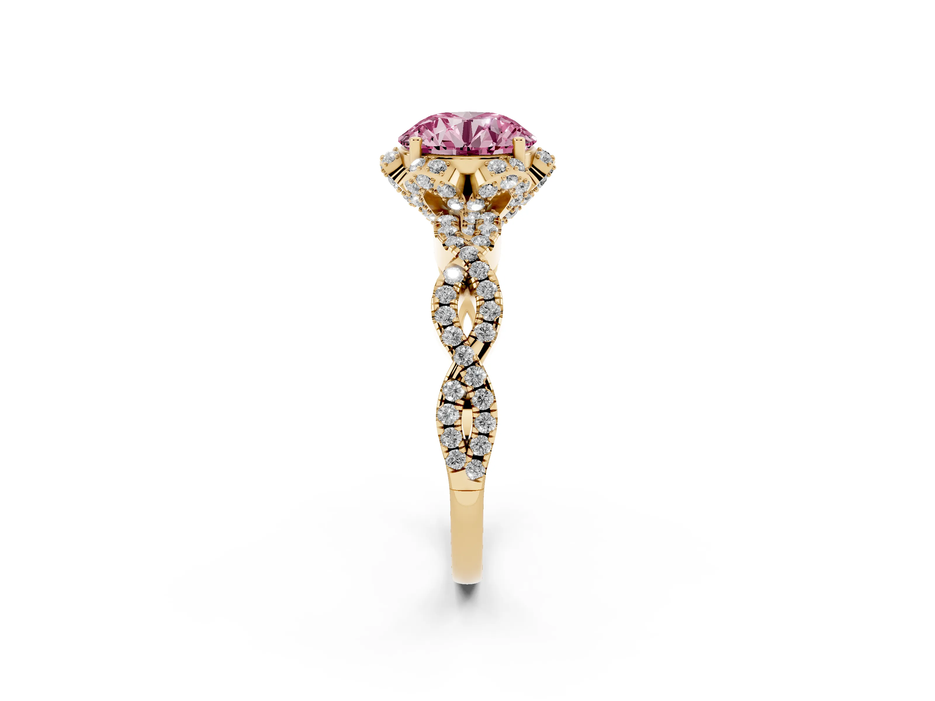 Fancy Pink Round Cut Diamond Halo Twist Band Solitaire Ring Set in Yellow gold with Prong-Set Center Stone
