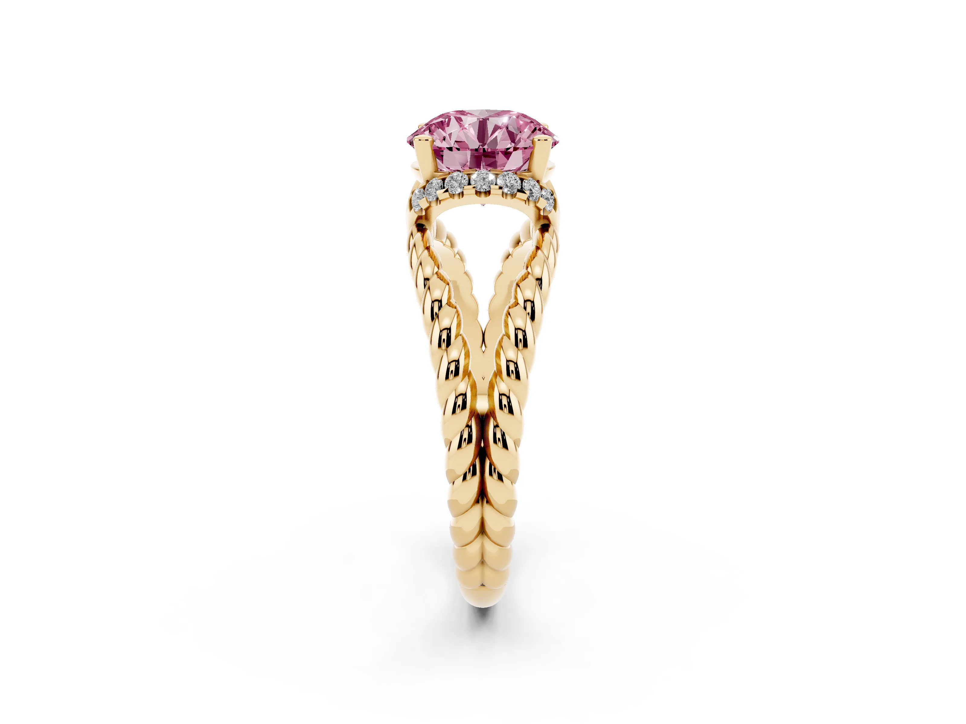 Fancy Pink Round Cut Diamond Halo Ring Set in Yellow gold with Twisted Band and Prong Setting