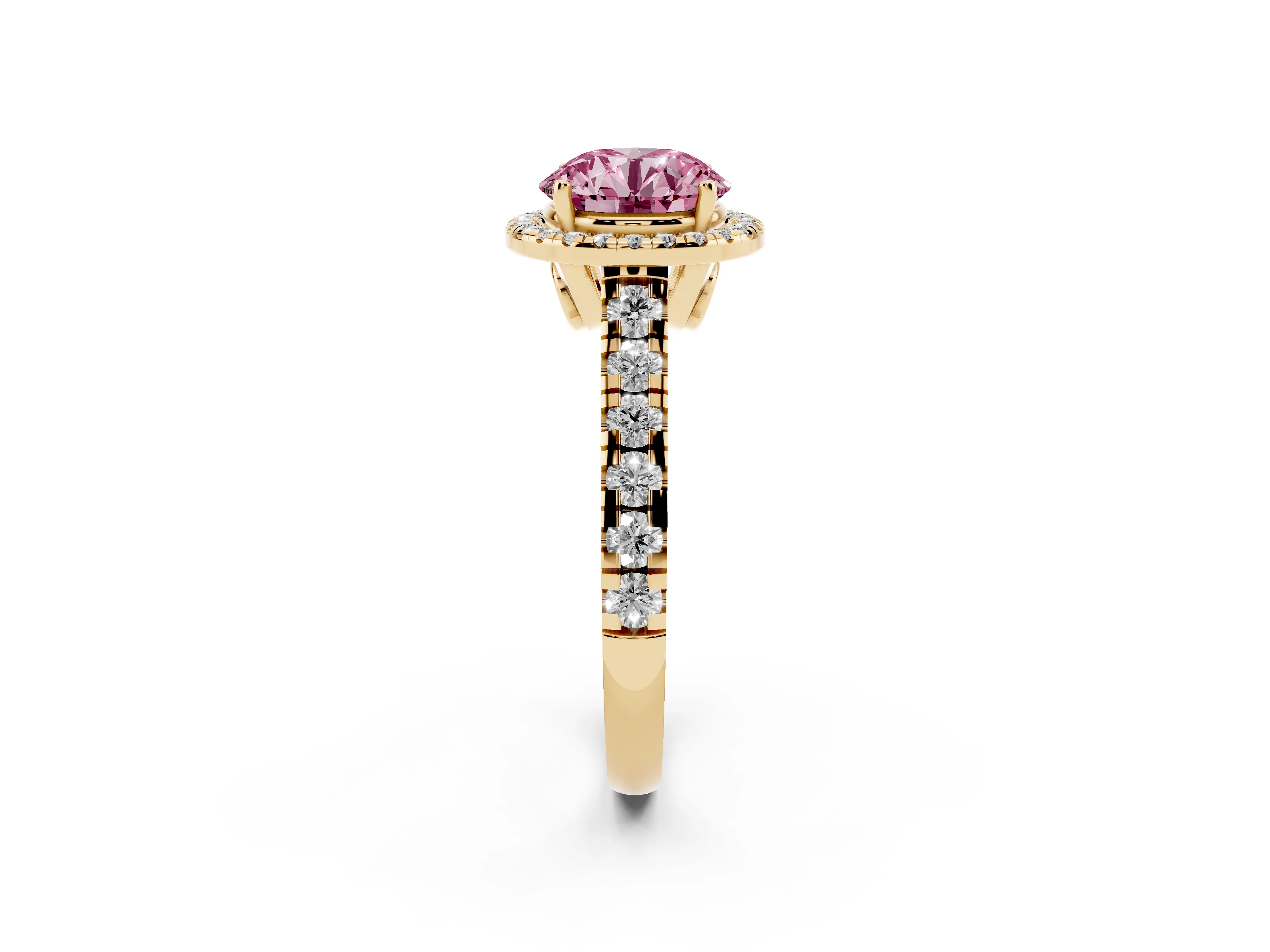 Fancy Pink Round Cut Diamond Halo Engagement Ring Set in Yellow gold with Pavé Band and Prong-Set Center