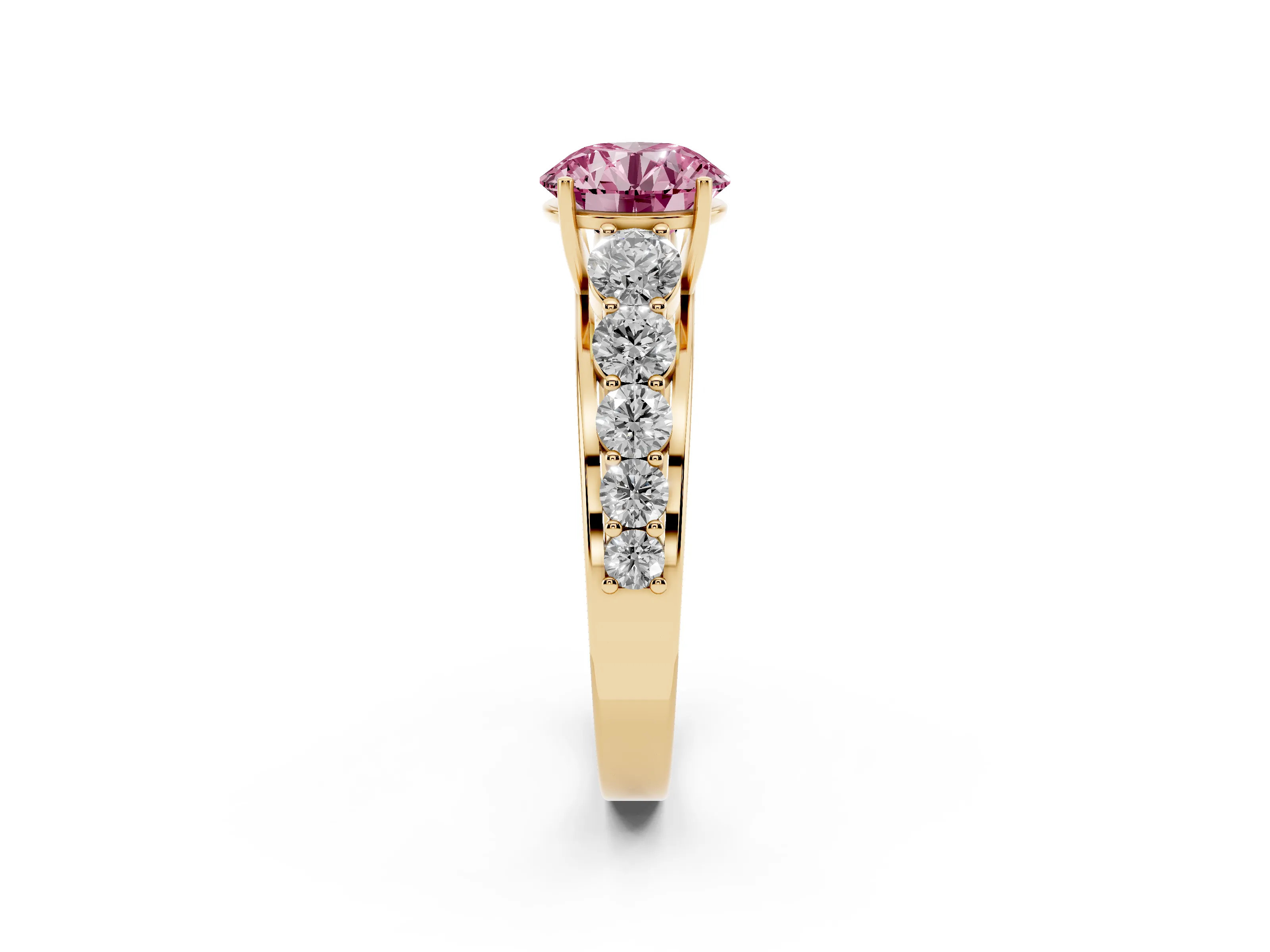 Fancy Pink Round Cut Diamond Solitaire Ring Set in Yellow gold with Pavé-Set Band and Prong Setting