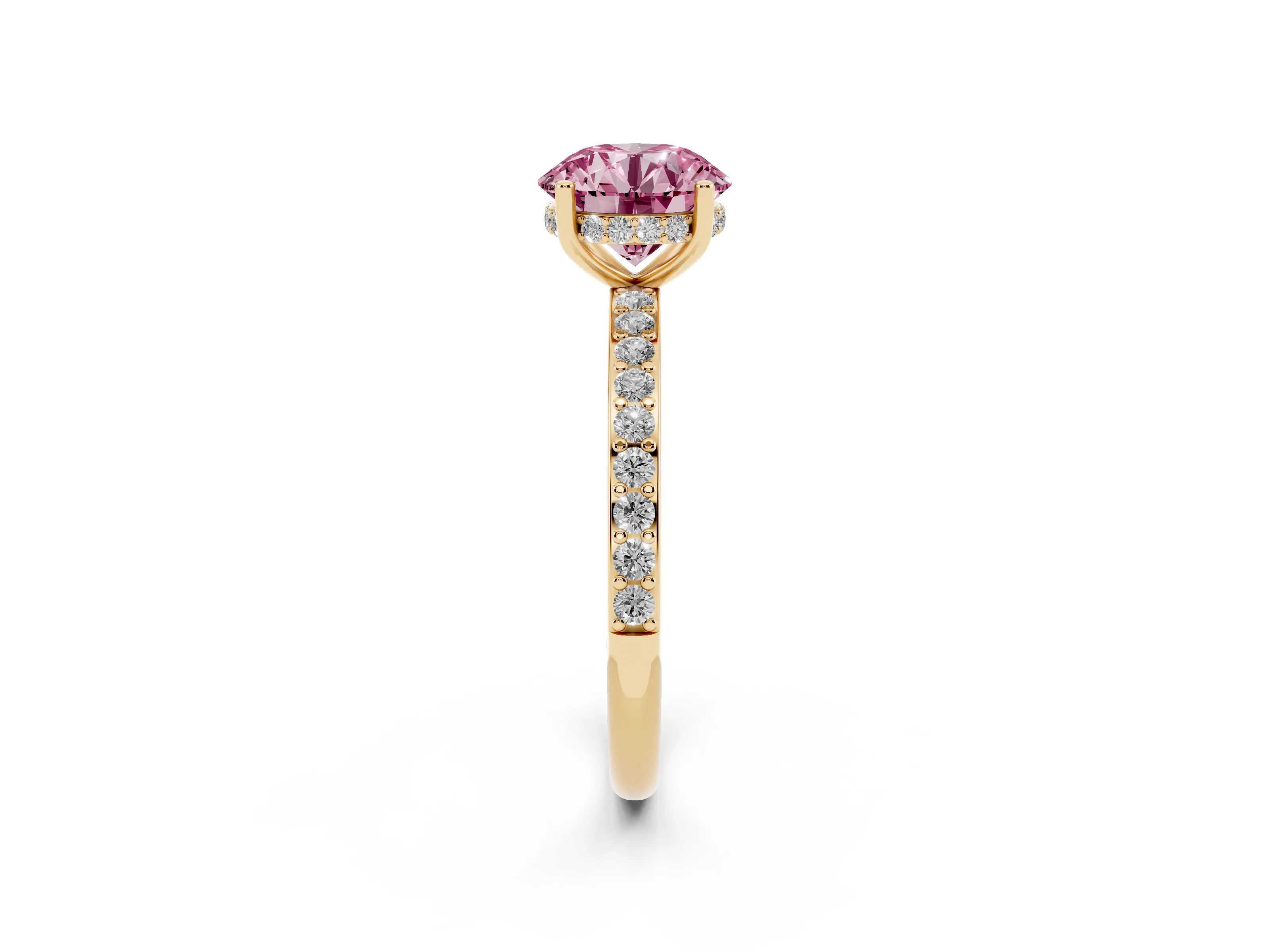 Fancy Pink Round Cut Diamond Pavé Band Ring Set in Yellow gold with Prong-Set Center Stone