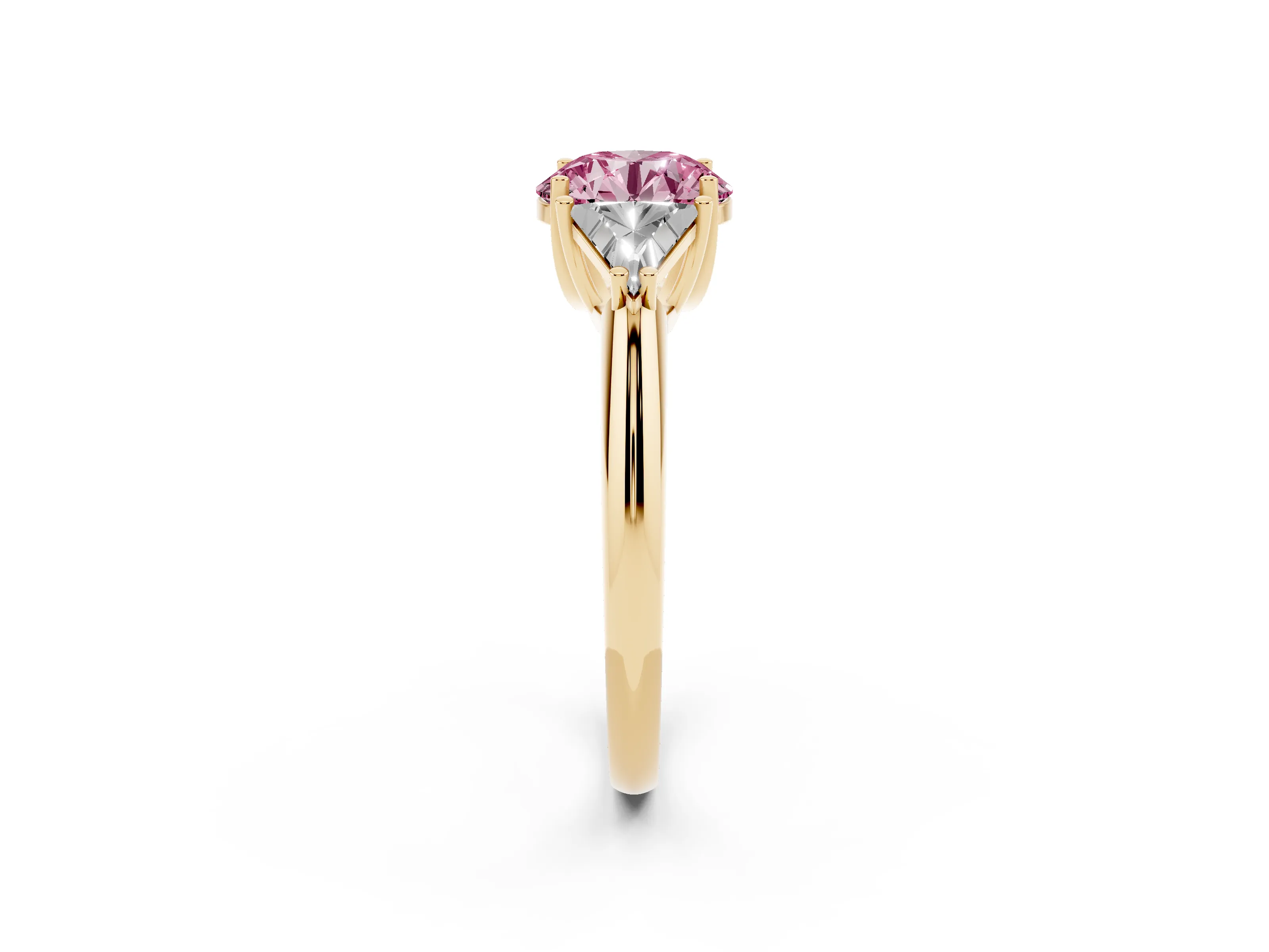 Fancy Pink Round Cut Diamond Three-Stone Engagement Ring Set in Yellow gold with Trillion Side Stones