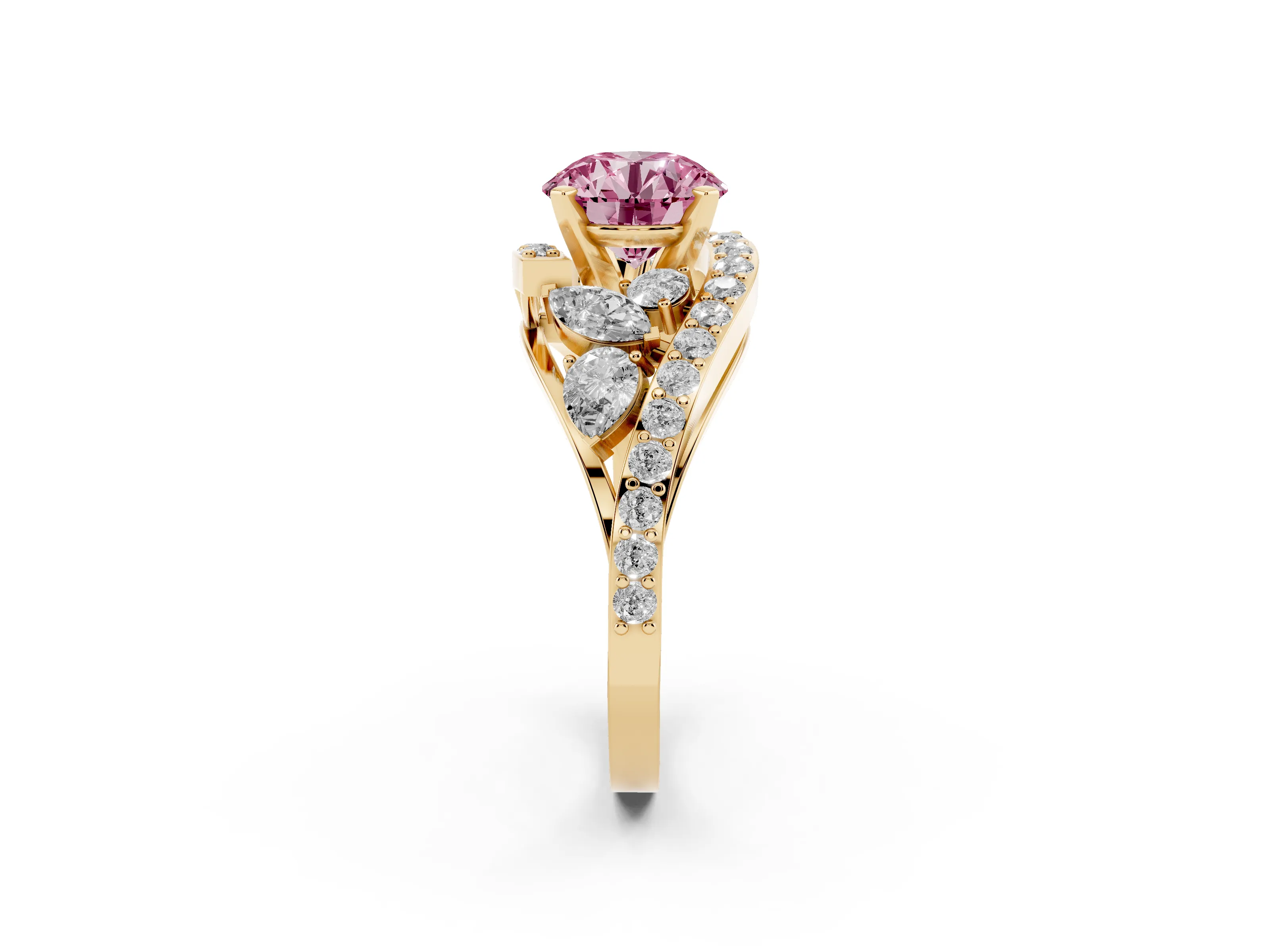 Fancy Pink Round Cut Diamond Halo Ring Set in Yellow gold with Marquise and Pavé Band in Prong Setting