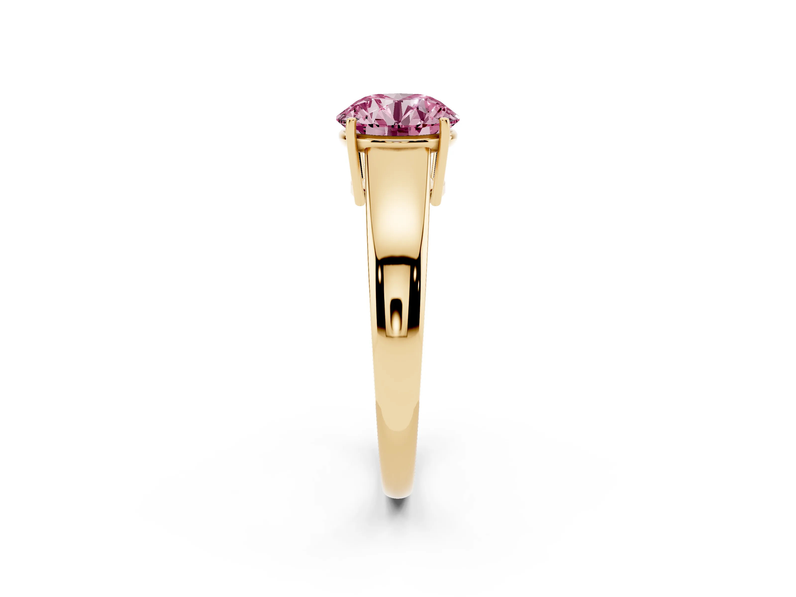 Fancy Pink Round Cut Diamond Solitaire Ring Set in Yellow gold with Tapered Band and Prong Setting